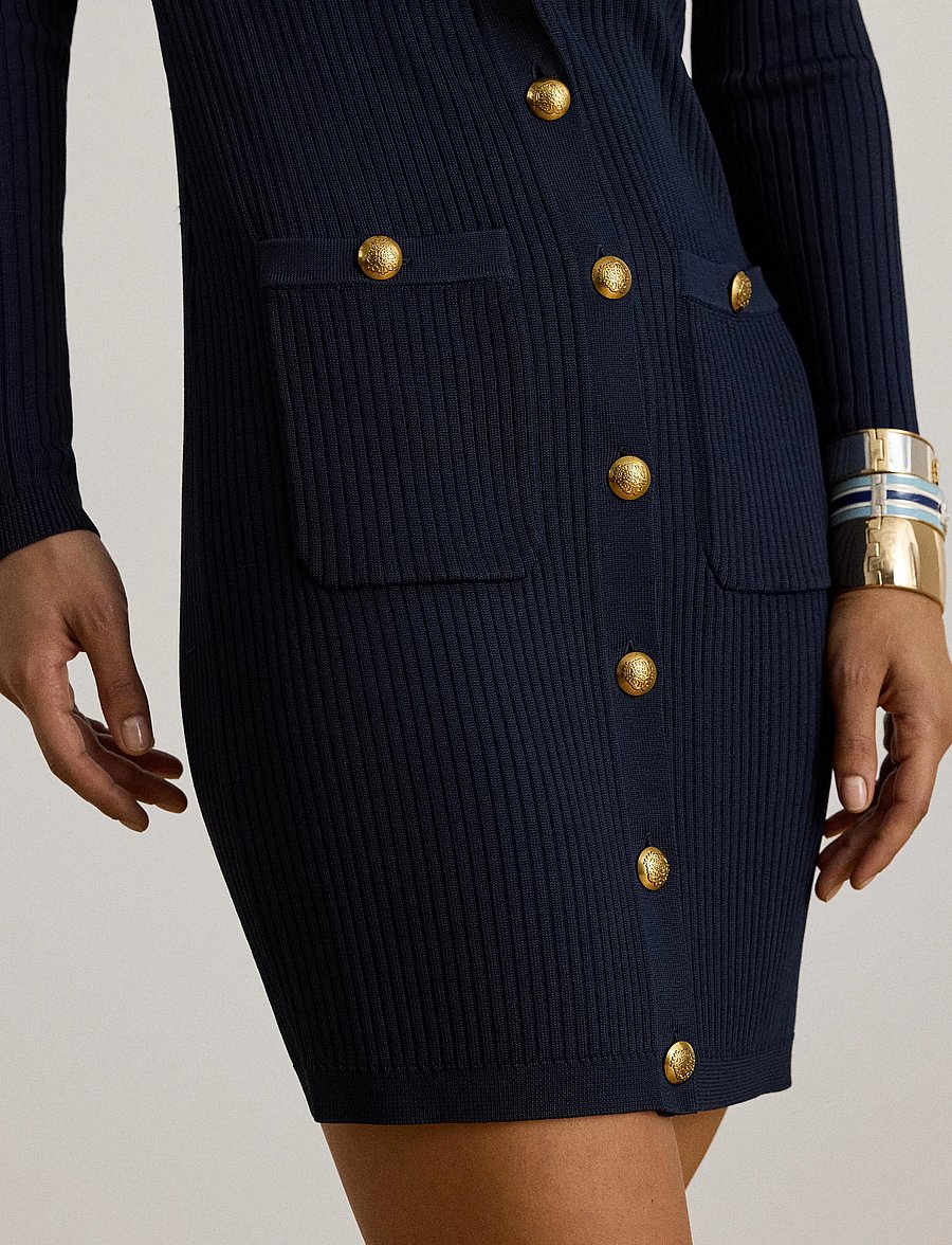 Lauren Ralph Lauren - Button-Trim Rib-Knit Sweater Dress - knitted dresses - lauren navy - 4