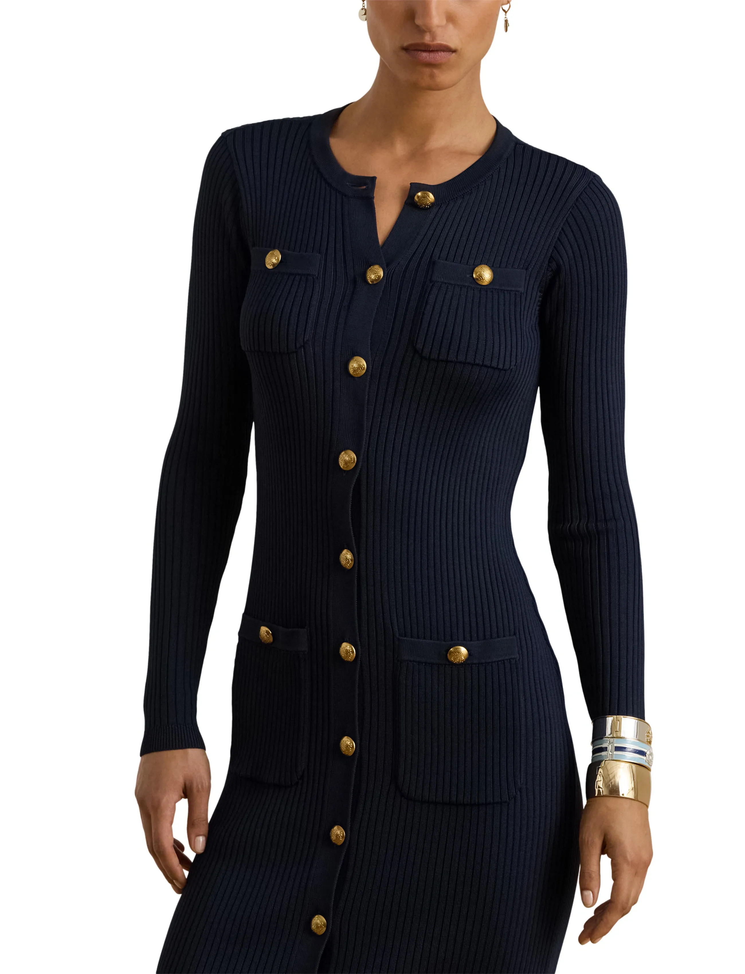 Lauren Ralph Lauren - Button-Trim Rib-Knit Sweater Dress - knitted dresses - lauren navy - 5