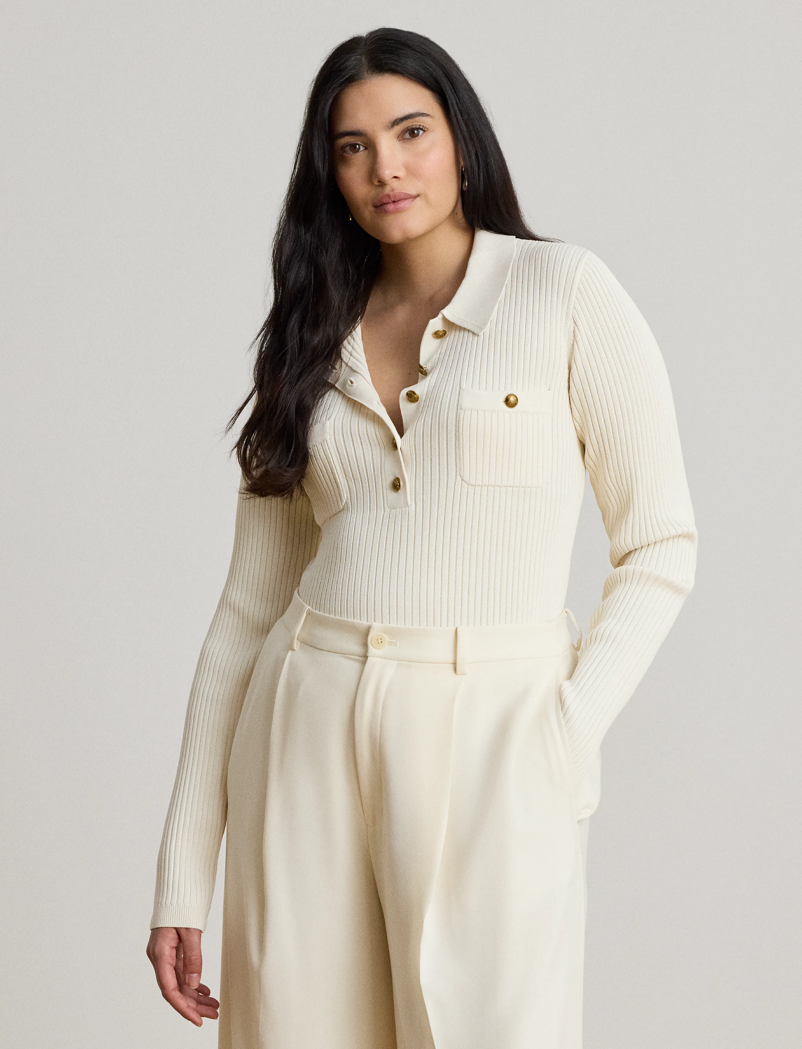 Lauren Ralph Rib-Knit Long-Sleeve Polo Sweater, XL, T-shirts & Oberteile, Creme - Long-sleeved, Frauen