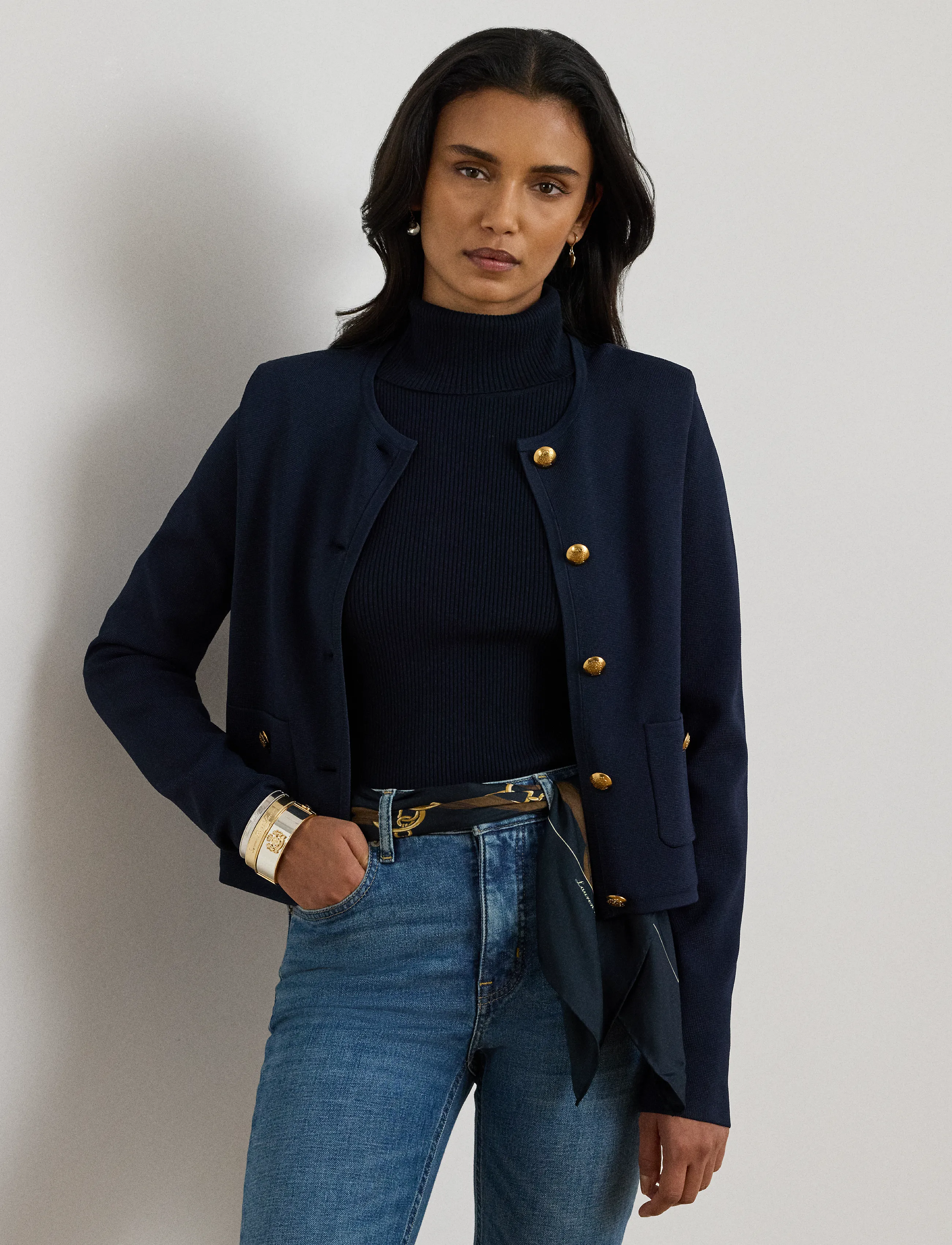 Lauren Ralph Lauren - Cropped Crewneck Sweater Jacket - lauren navy - 2