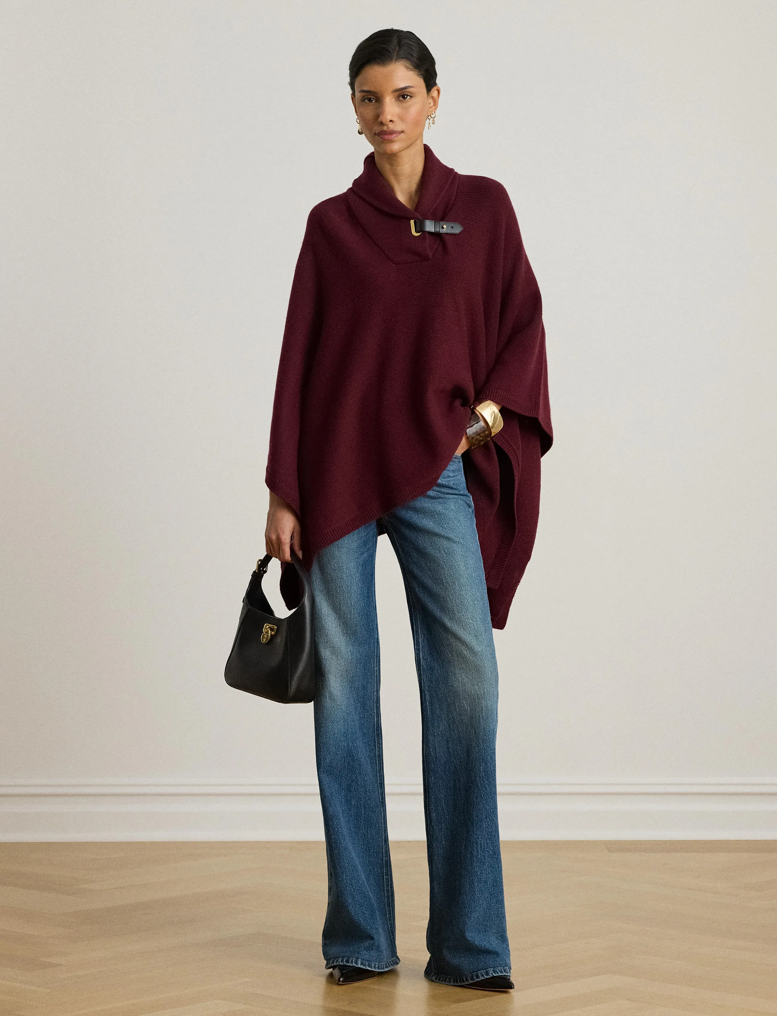 Lauren Ralph Buckle-Trim Wool-Blend Sweater Poncho, XXS/XS, Knitwear, Burgunderrot - Ponchos, Frauen