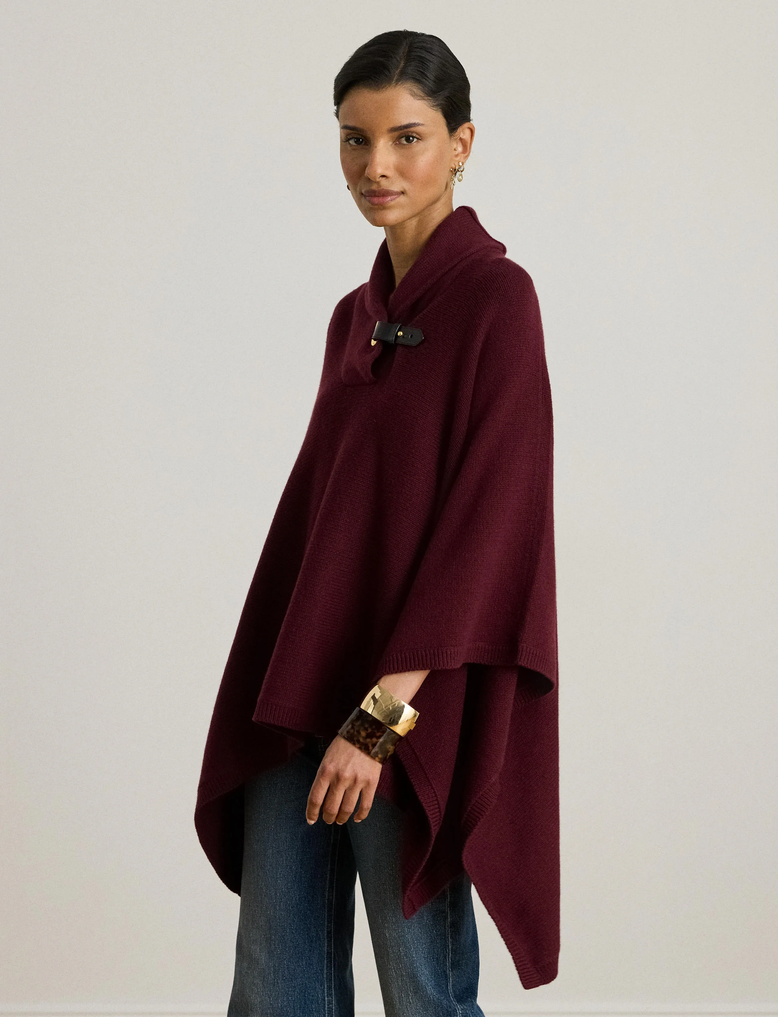 Lauren Ralph Lauren - Buckle-Trim Wool-Blend Sweater Poncho - ponchos & capes - dark garnet - 3