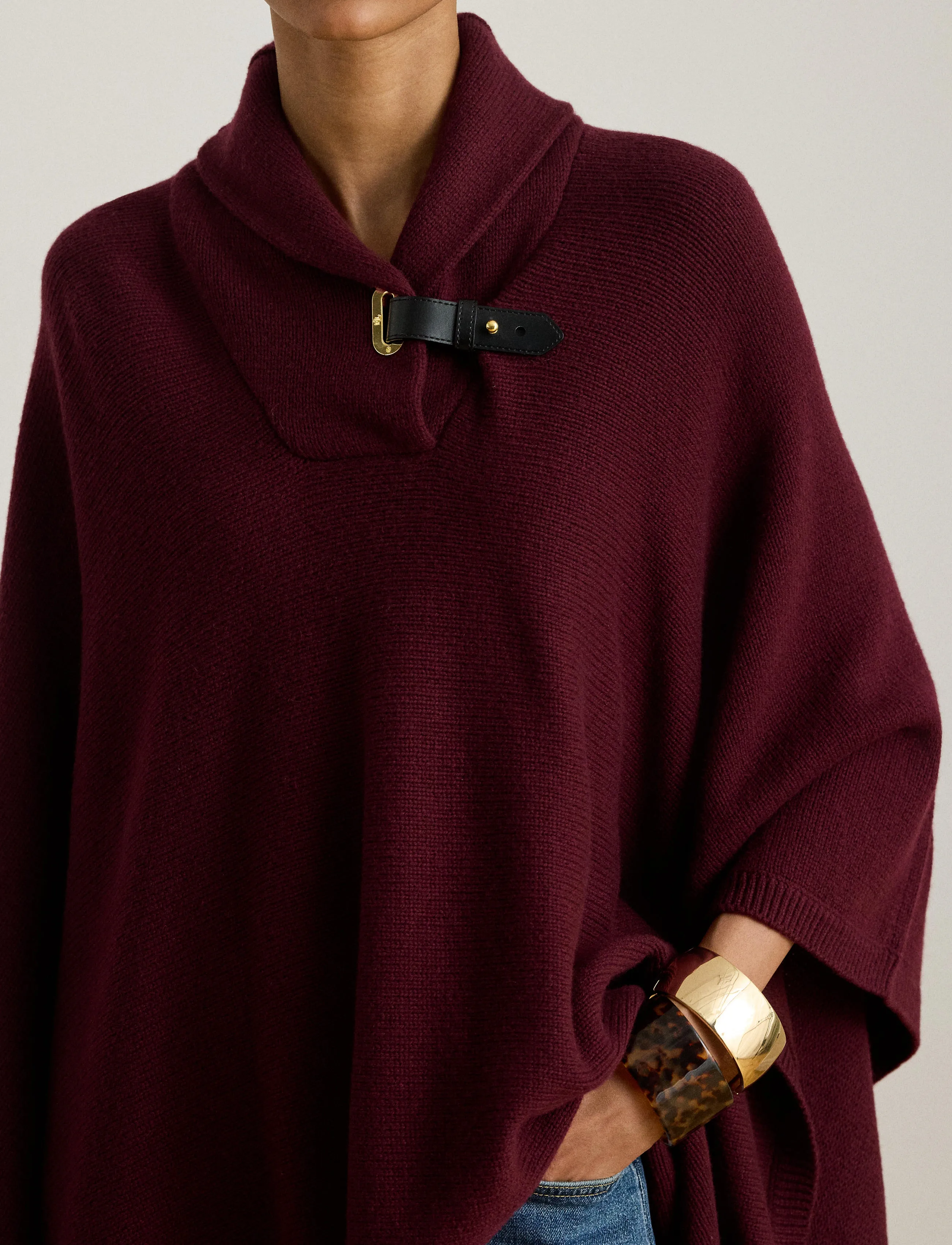 Lauren Ralph Lauren - Buckle-Trim Wool-Blend Sweater Poncho - pontšod ja keebid - dark garnet - 4