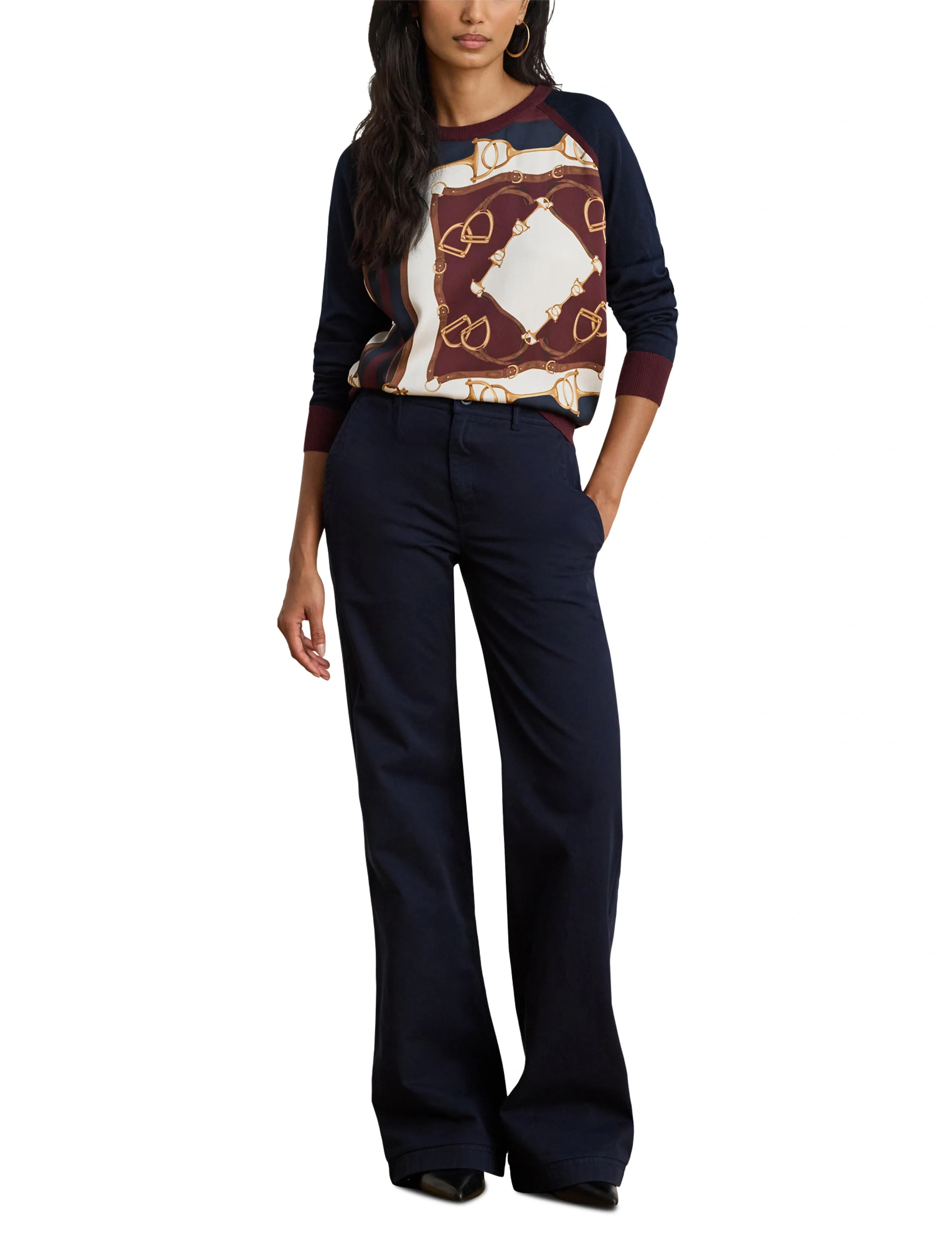 Lauren Ralph Lauren Equestrian-Print Cotton-Blend Sweater - Lauren Ralph Lauren - LAUREN NAVY MULTI / navy