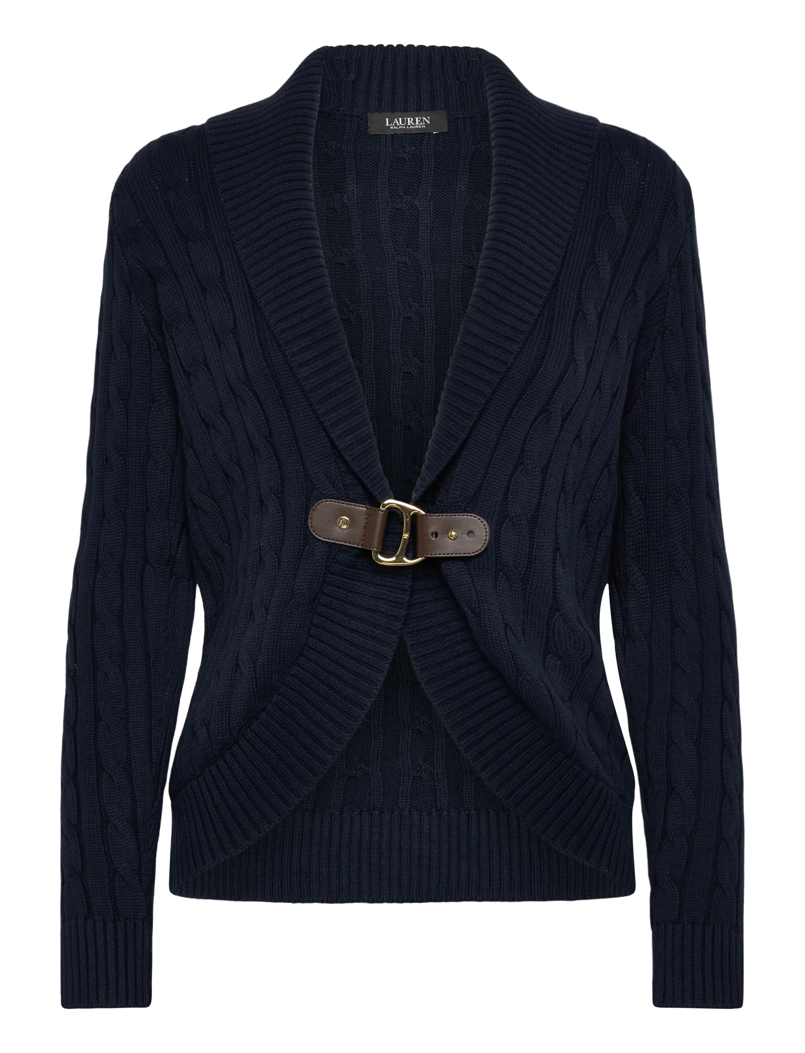 Buckle-Trim Cable Shawl-Collar Cardigan - LAUREN NAVY