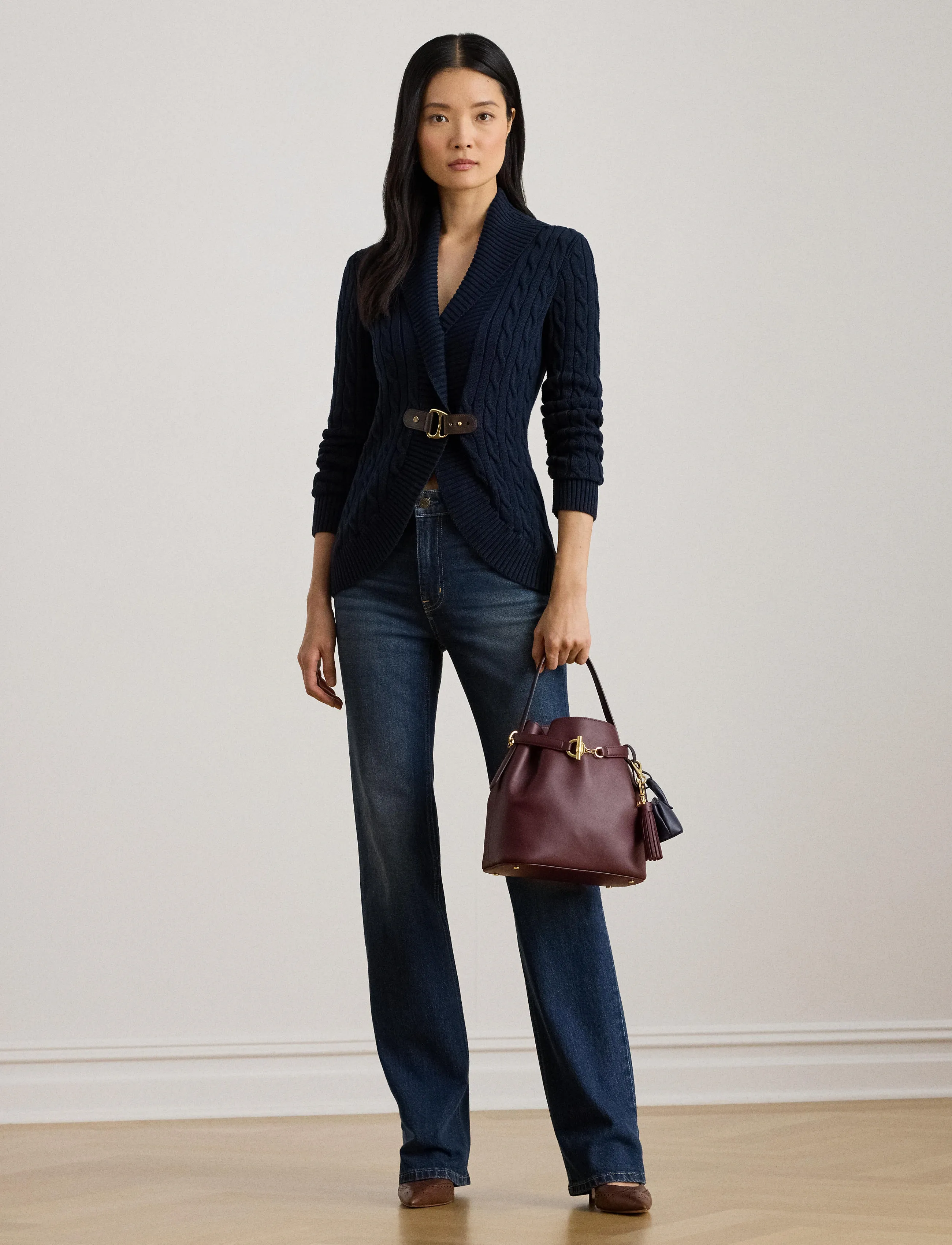 Lauren Ralph Lauren Buckle-Trim Cable Shawl-Collar Cardigan - Riided - LAUREN NAVY / navy
