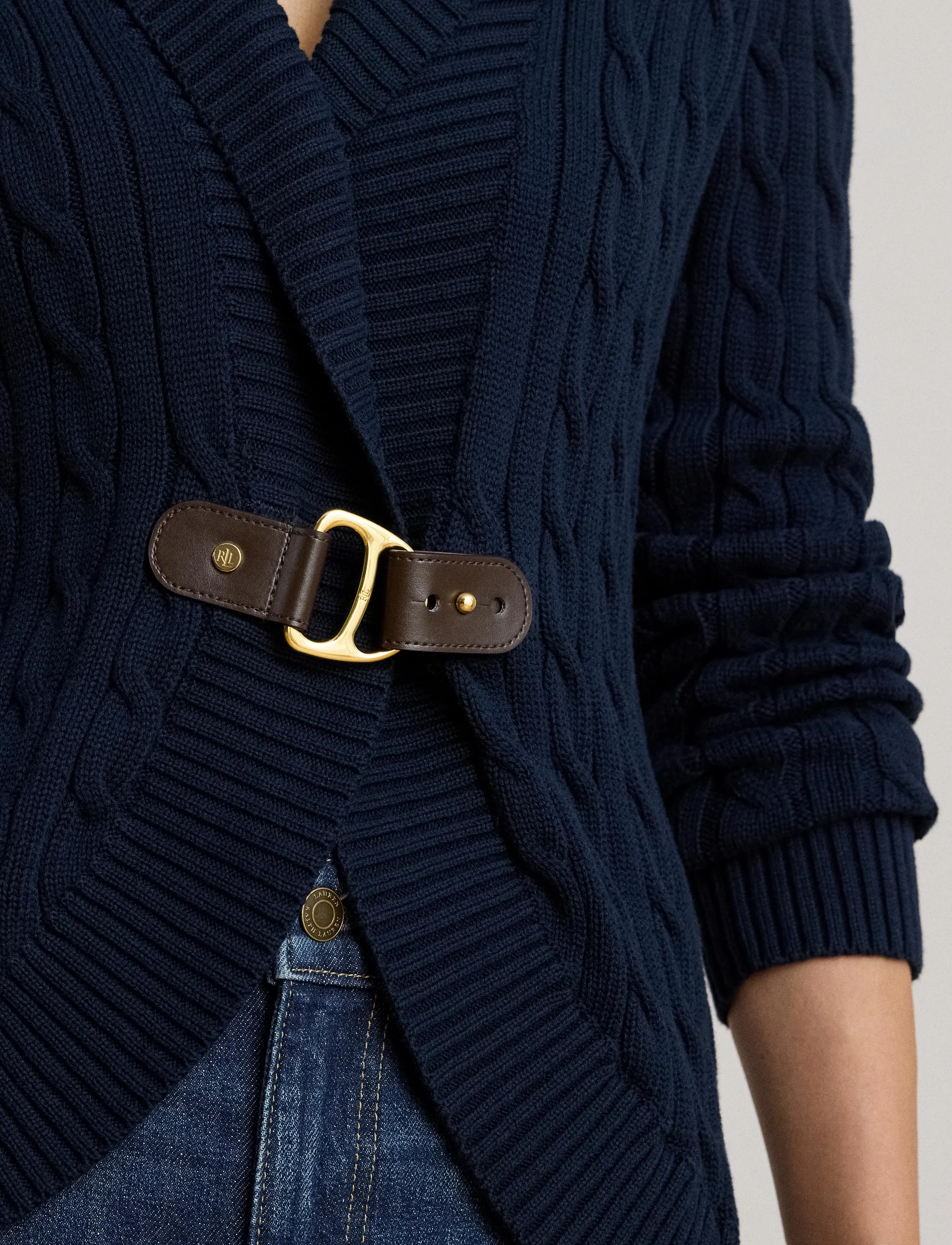 Lauren Ralph Lauren - Buckle-Trim Cable Shawl-Collar Cardigan - cardigans - lauren navy - 4
