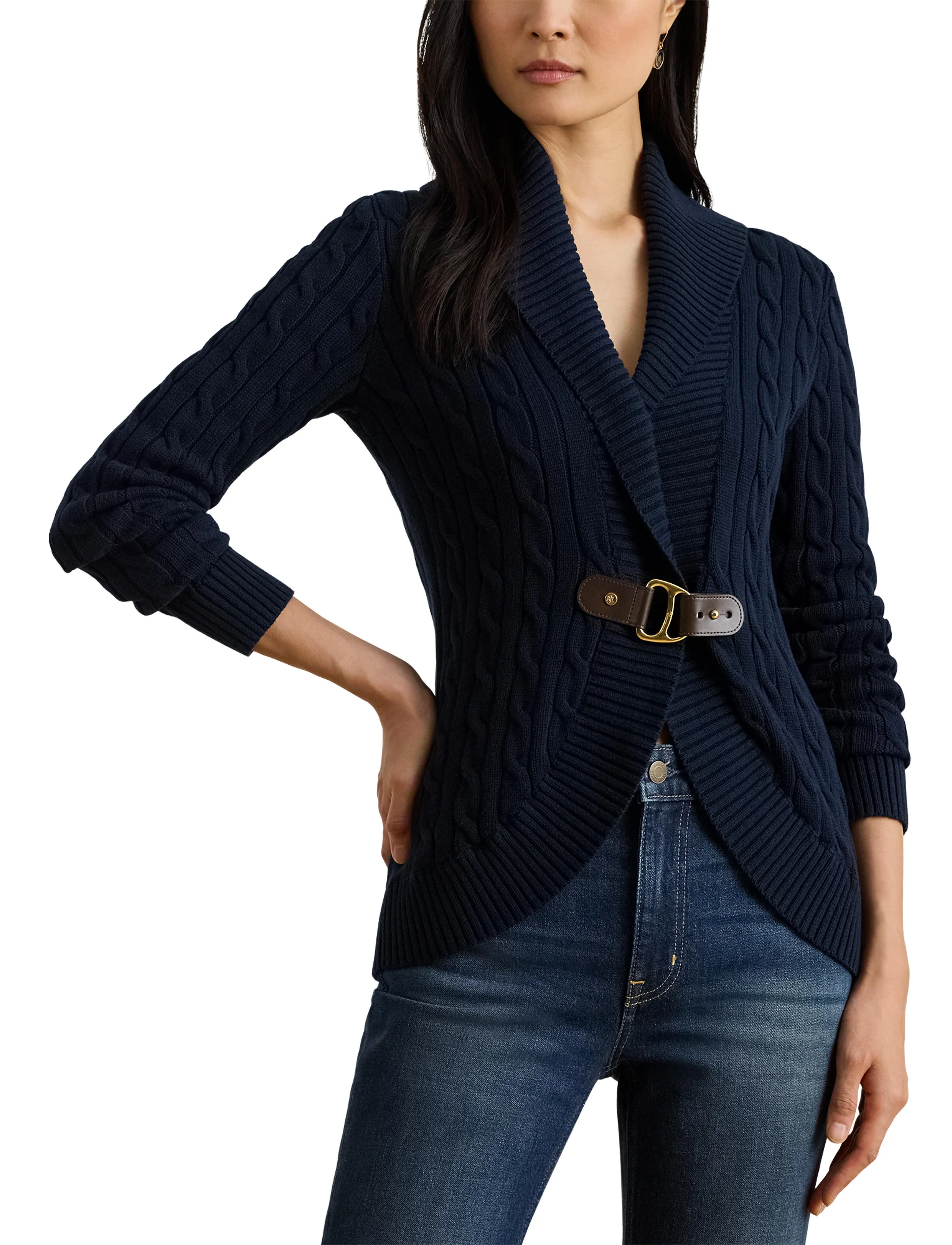 Lauren Ralph Lauren - Buckle-Trim Cable Shawl-Collar Cardigan - cardigans - lauren navy - 5