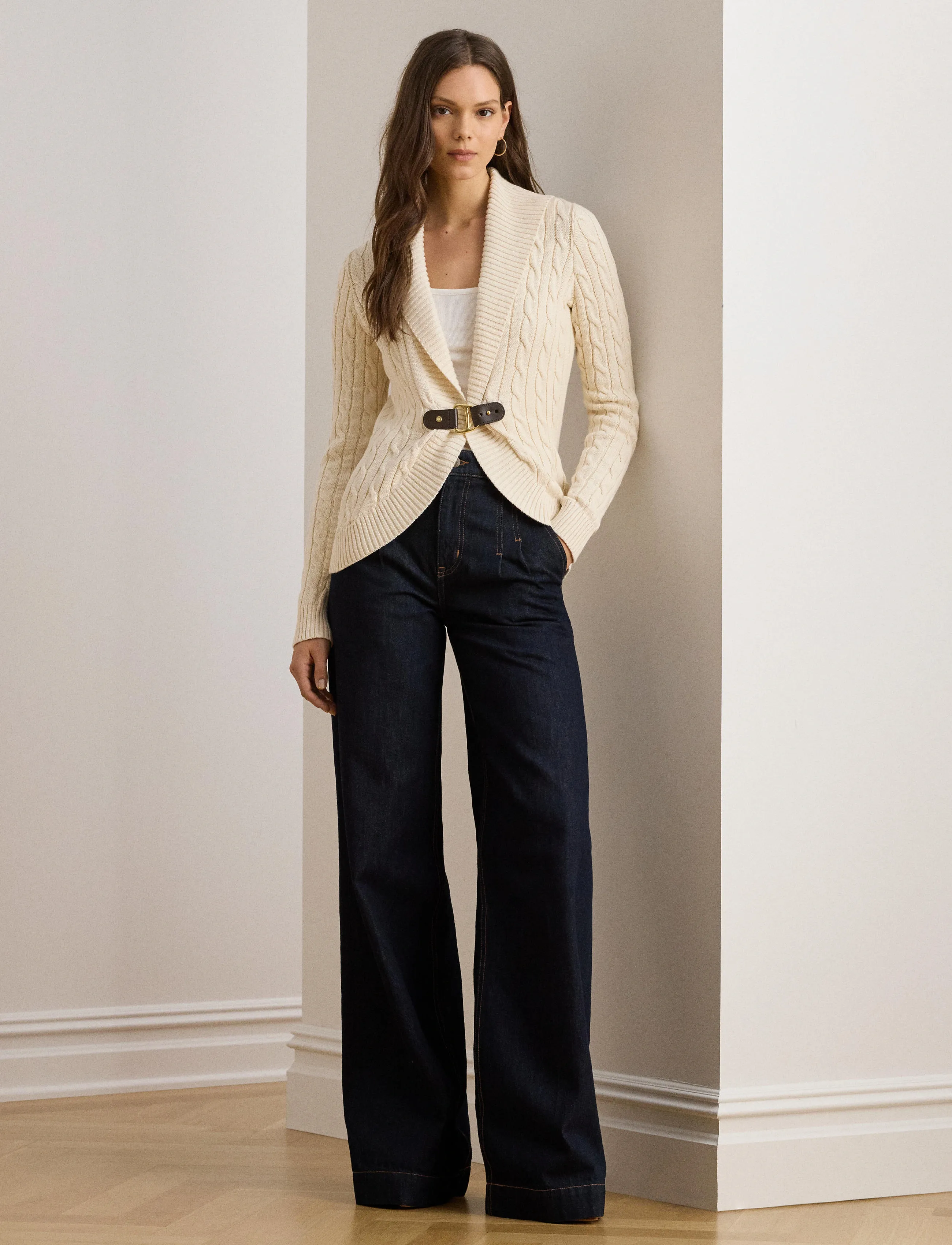 Lauren Ralph Lauren Buckle-Trim Cable Shawl-Collar Cardigan - Lauren Ralph Lauren - MASCARPONE CREAM / cream