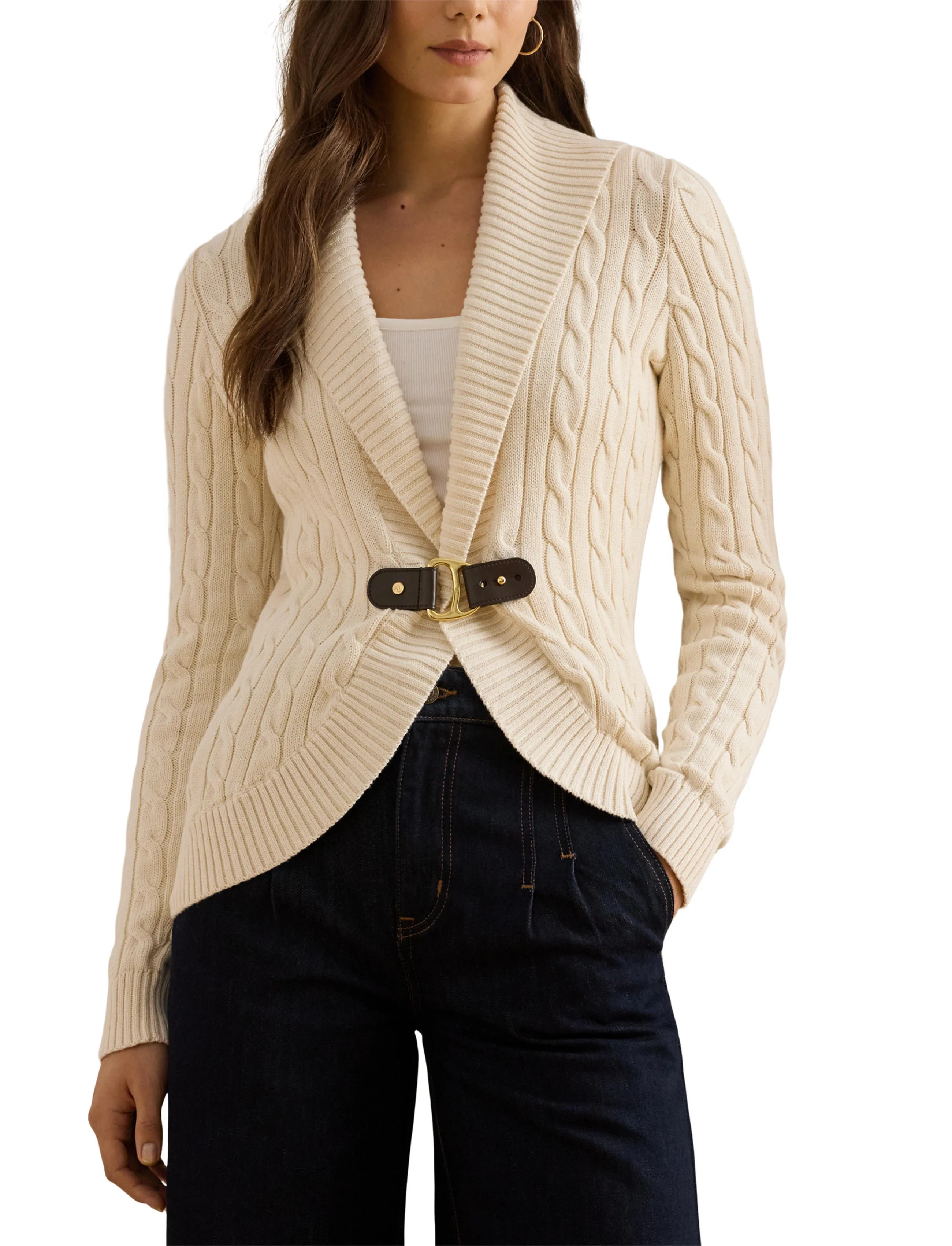Lauren Ralph Lauren - Buckle-Trim Cable Shawl-Collar Cardigan - cardigans - mascarpone cream - 5