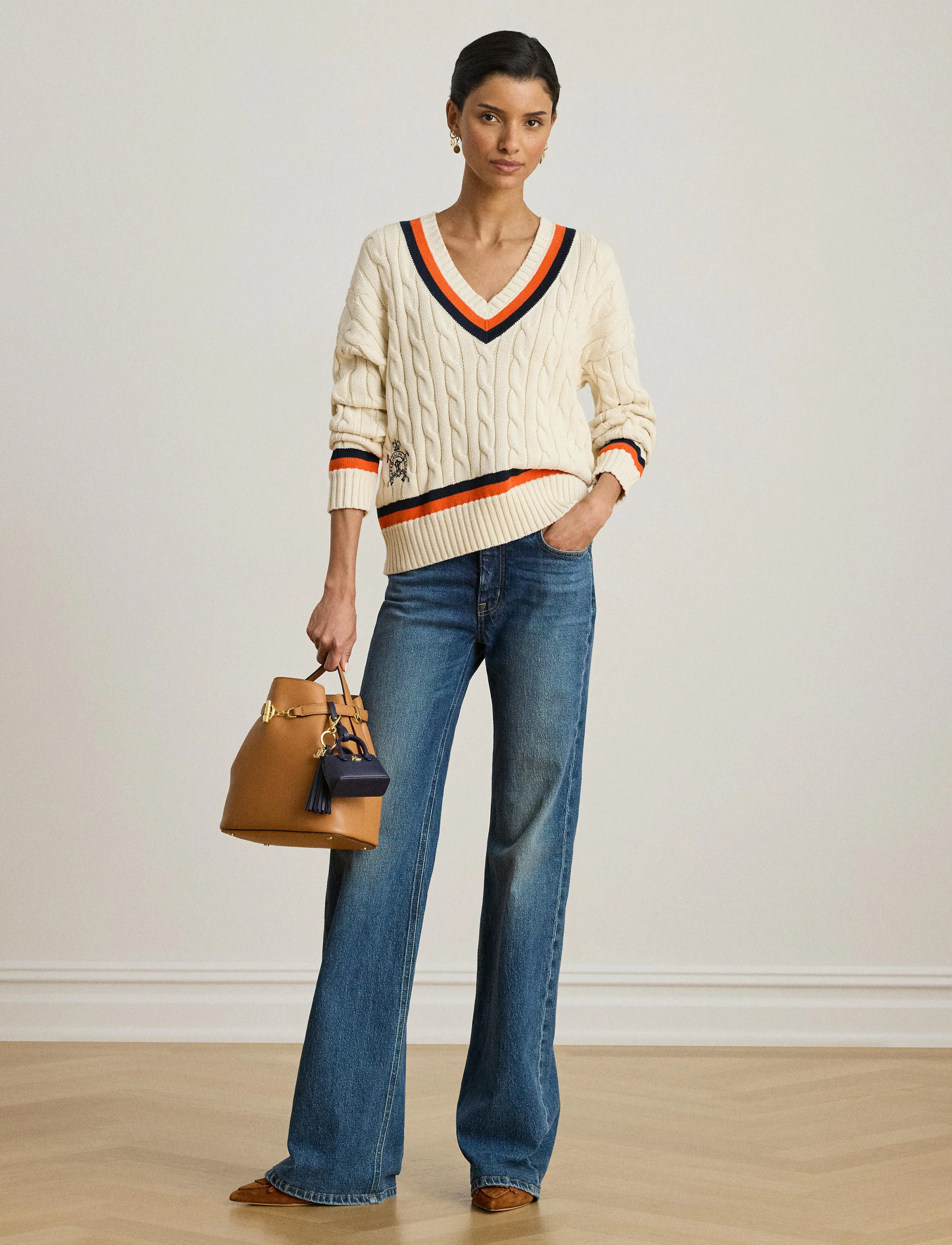 Lauren Ralph Lauren Cable-Knit Cotton Cricket Sweater, Kvinder, Kabelstrikket Cricket Sweater, Cream, Str: L