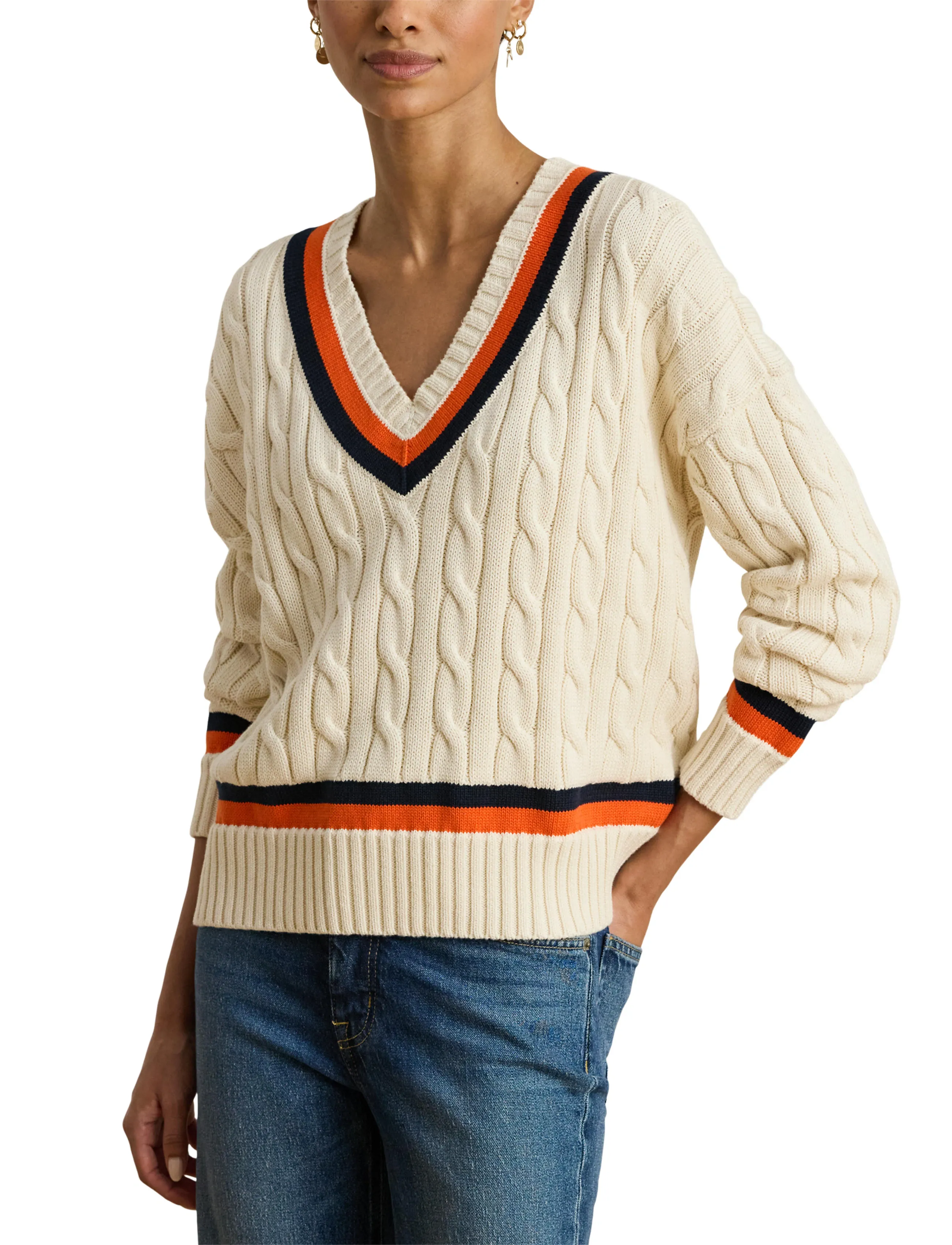 Lauren Ralph Lauren - Cable-Knit Cotton Cricket Sweater - striktrøjer - cream/navy/dusk o - 5