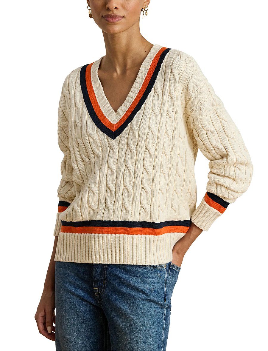 Lauren Ralph Lauren - Cable-Knit Cotton Cricket Sweater - stickade tröjor - cream/navy/dusk o - 5