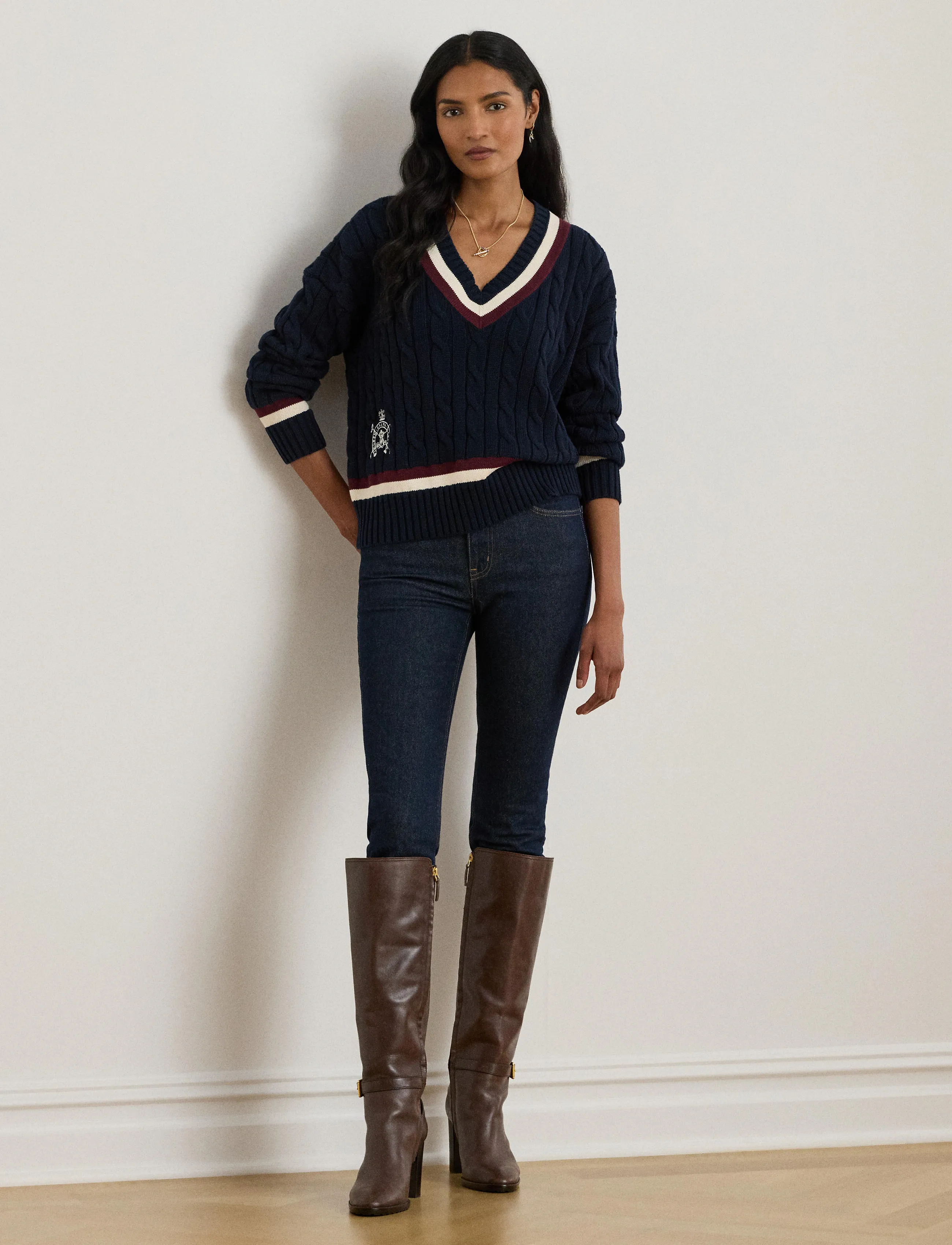 Lauren Ralph Lauren Cable-Knit Cotton Cricket Sweater, Kvinder, Kabelstrikket Cricket Sweater, Navy, Str: XL