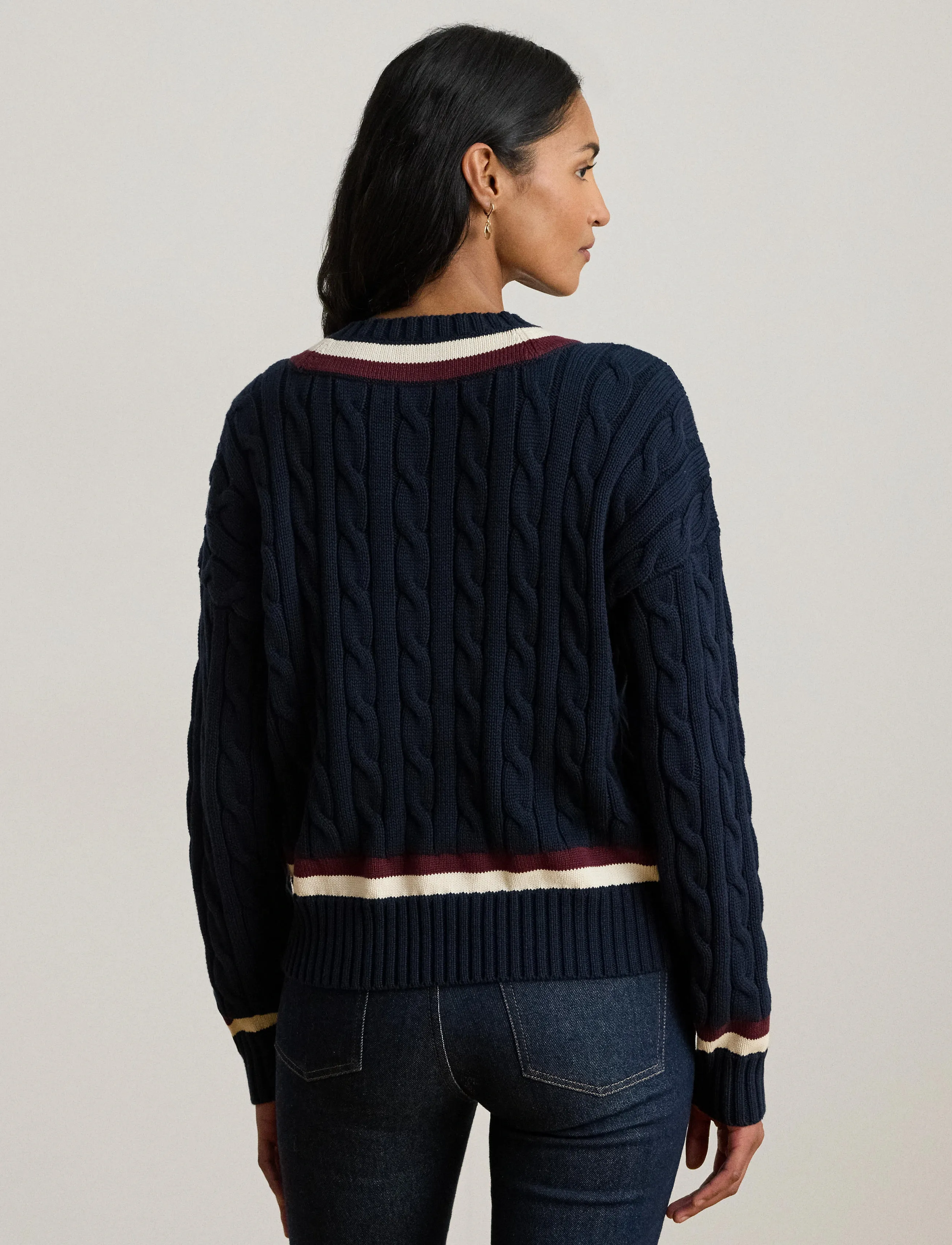 Lauren Ralph Lauren Cable-Knit Cotton Cricket Sweater - Ralph Lauren - LAUREN NAVY/CREAM / navy