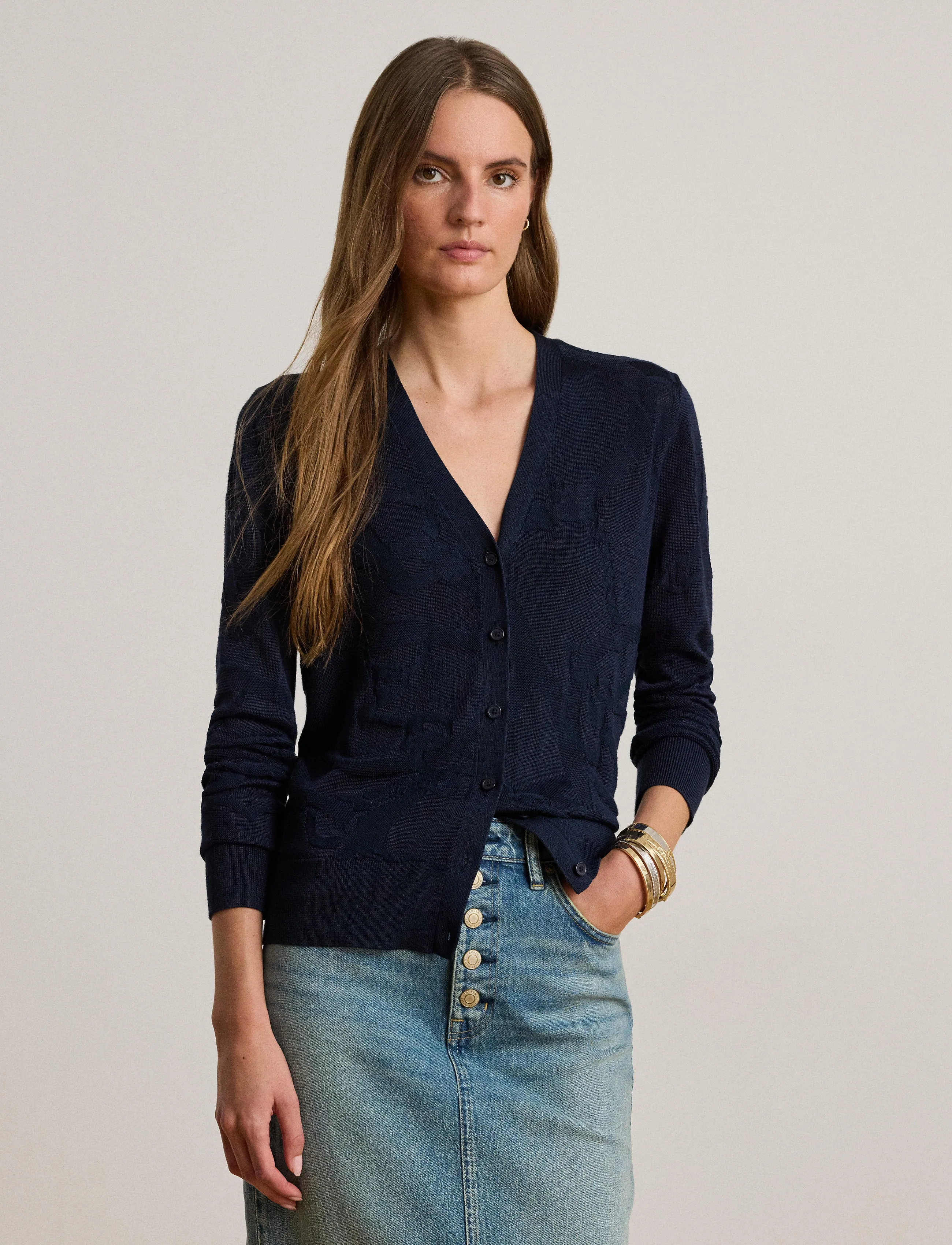 Lauren Ralph Lauren Belting-Motif V-Neck Cardigan, S, Black, Strik > Cardigans, Dame