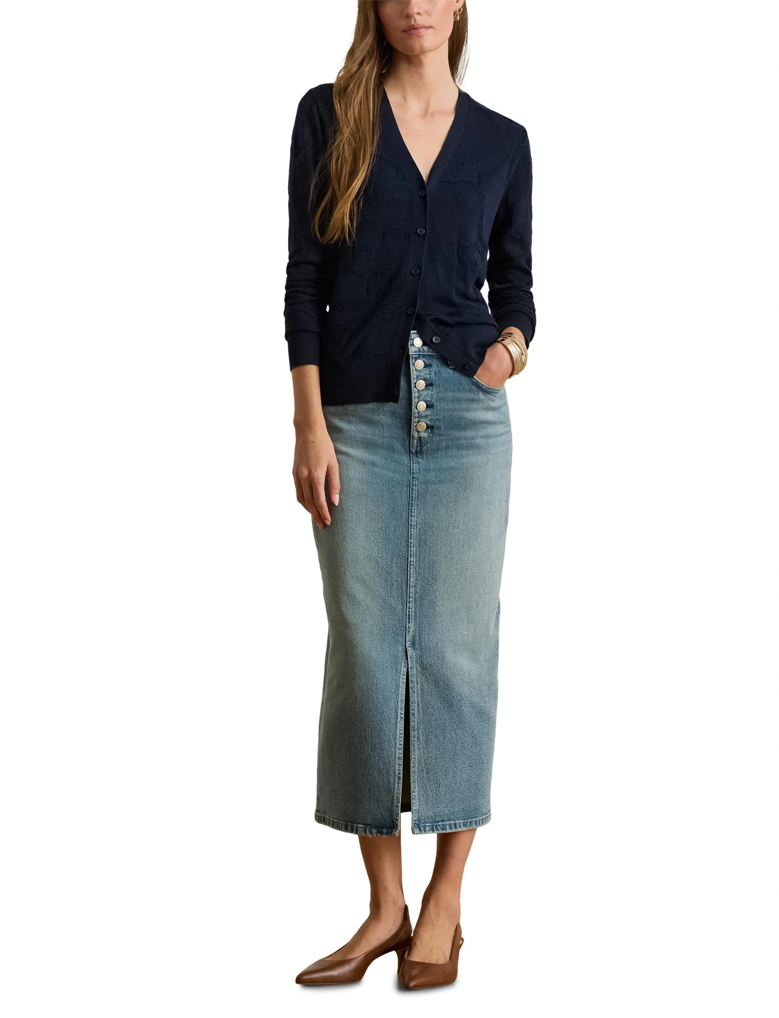 Lauren Ralph Lauren Belting-Motif V-Neck Cardigan - Naistele - LAUREN NAVY / black
