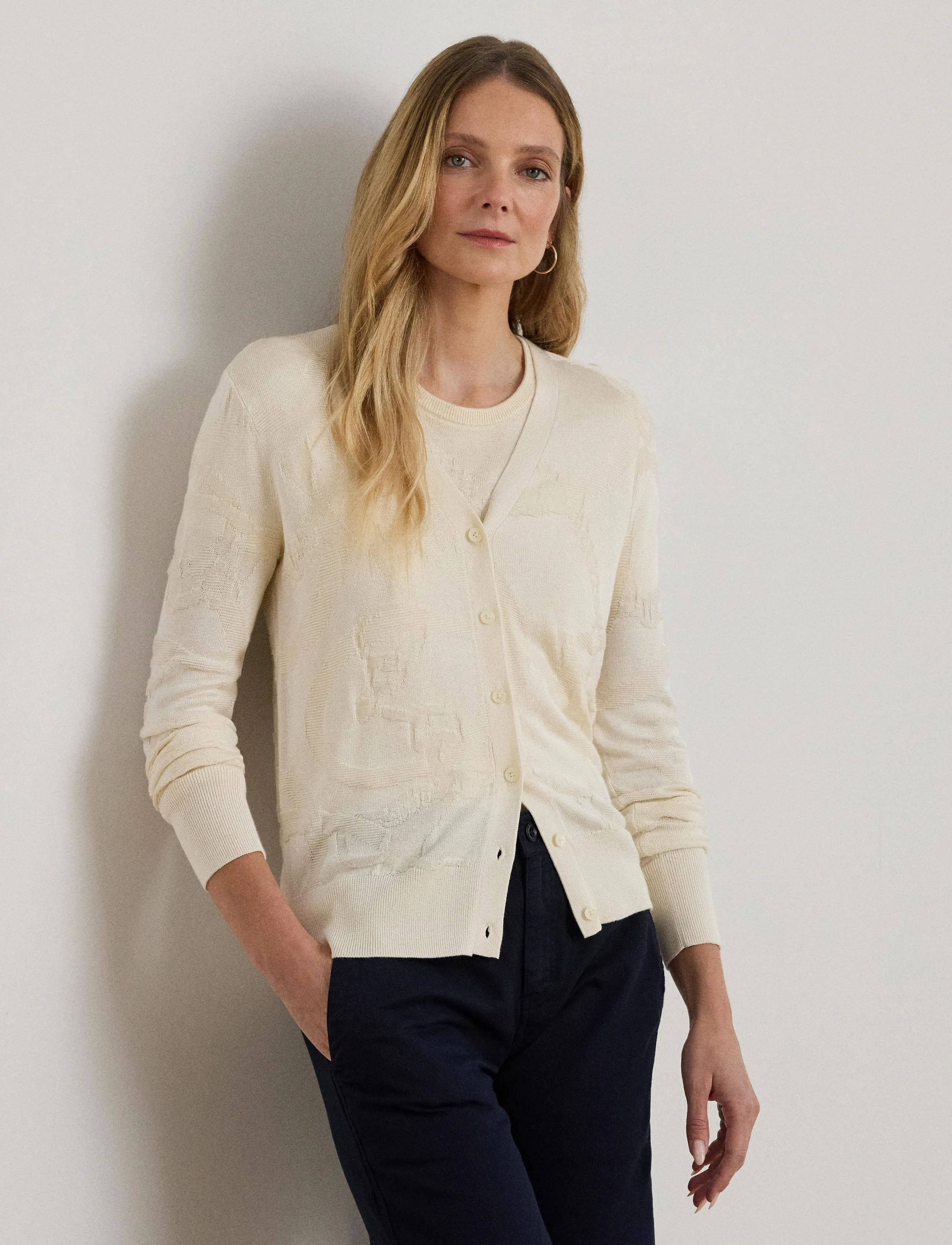 Lauren Ralph Lauren Belting-Motif V-Neck Cardigan, XS, Cream, Strik > Cardigans, Dame