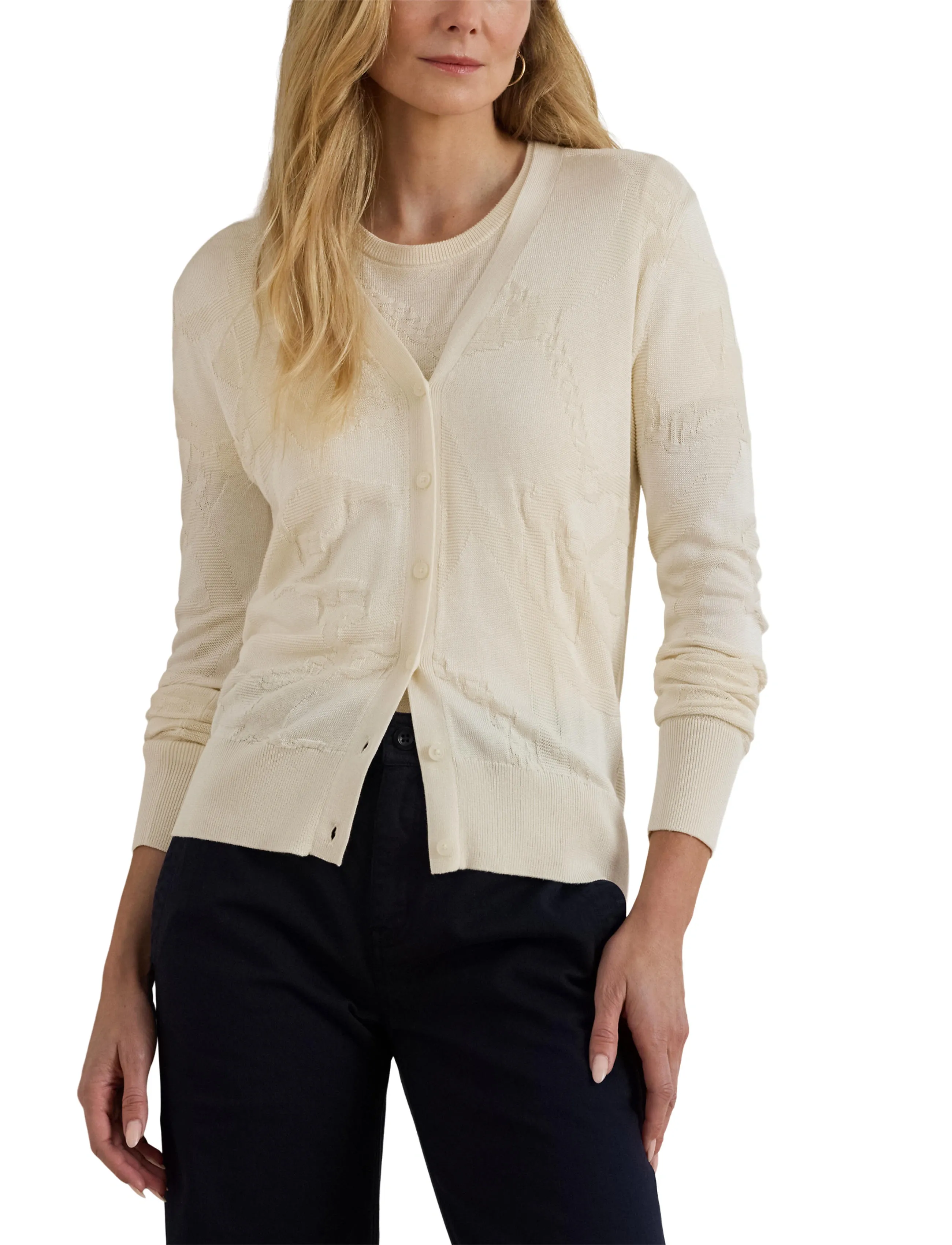 Lauren Ralph Lauren - Belting-Motif V-Neck Cardigan - cardigans - mascarpone cream - 5