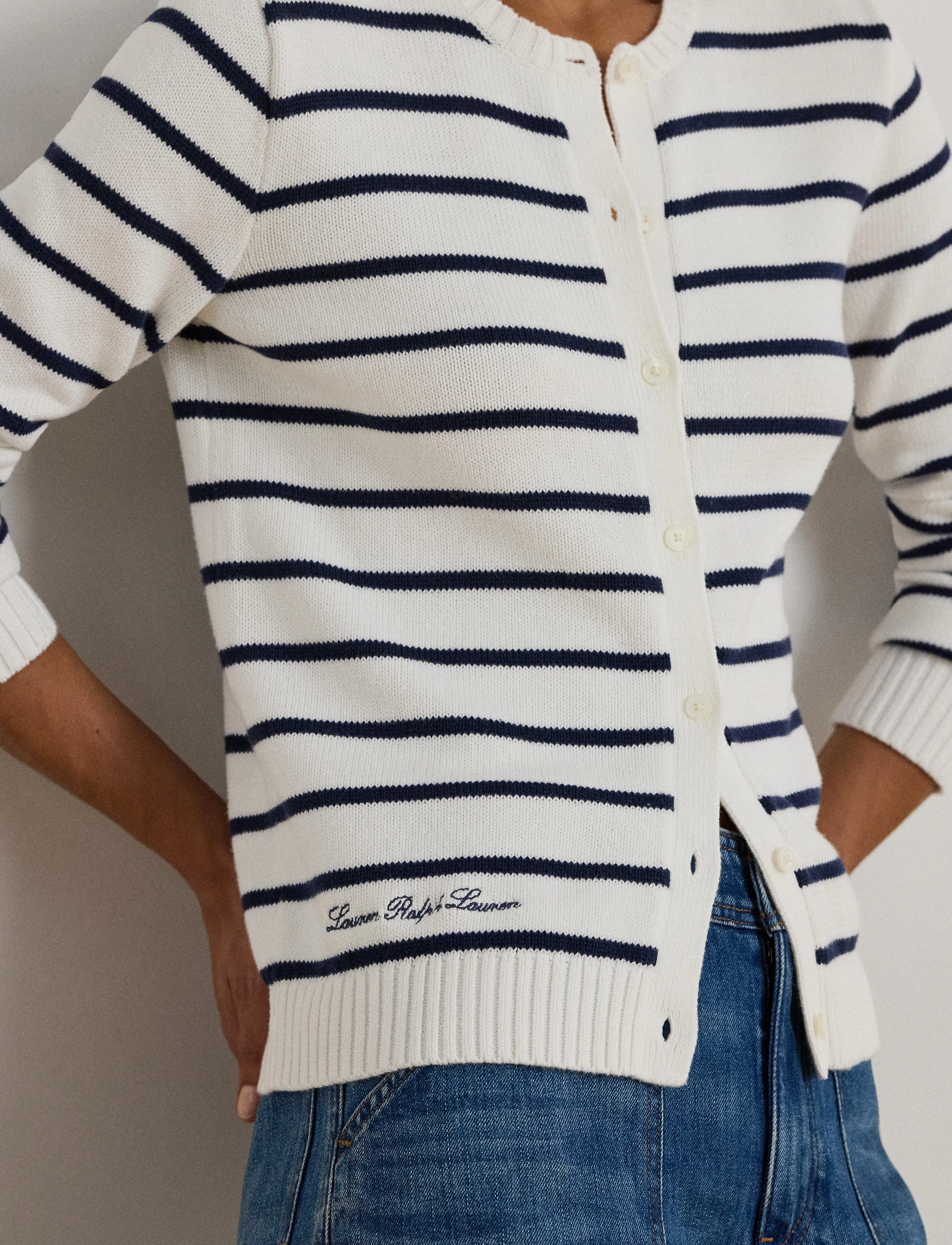 Lauren Ralph Lauren - Striped Cotton Cardigan - cardigans - white/refined nav - 4
