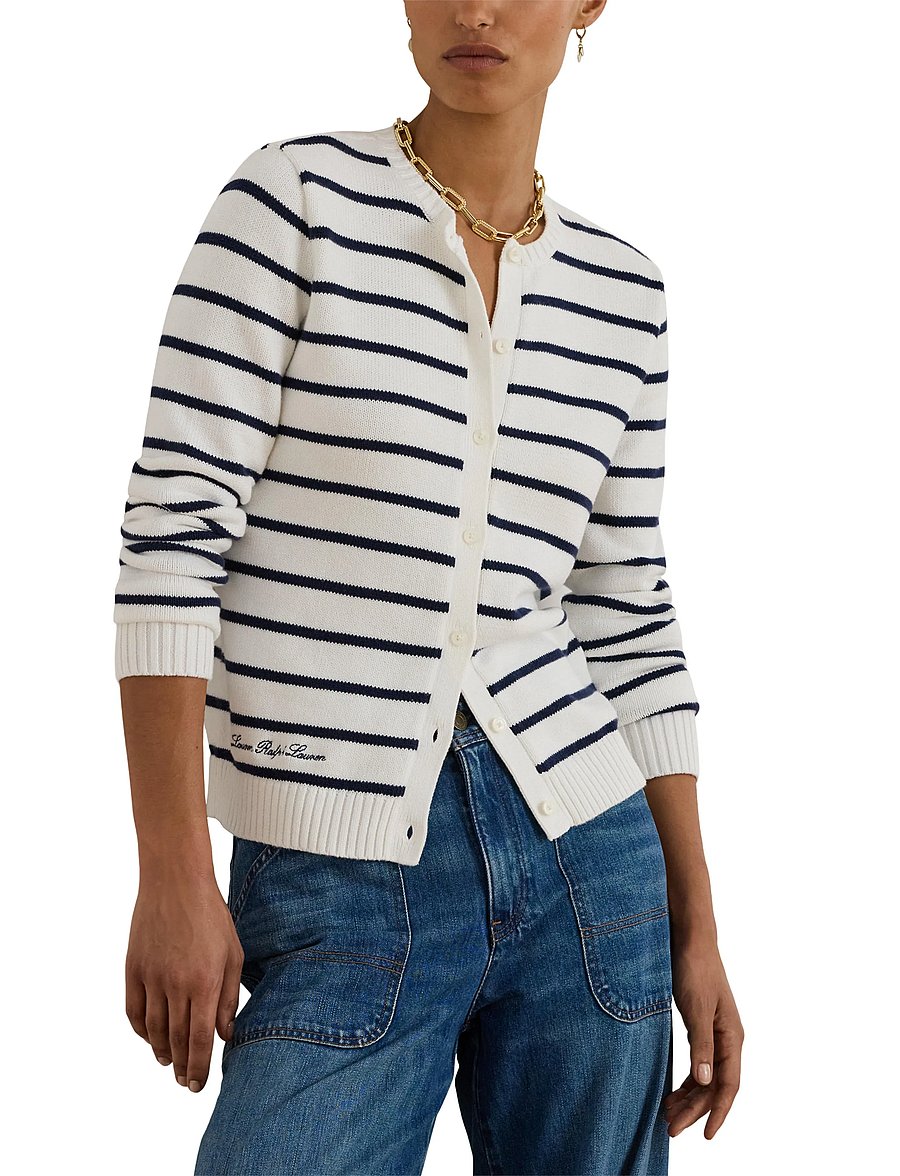 Lauren Ralph Lauren - Striped Cotton Cardigan - kardiganai - white/refined nav - 5