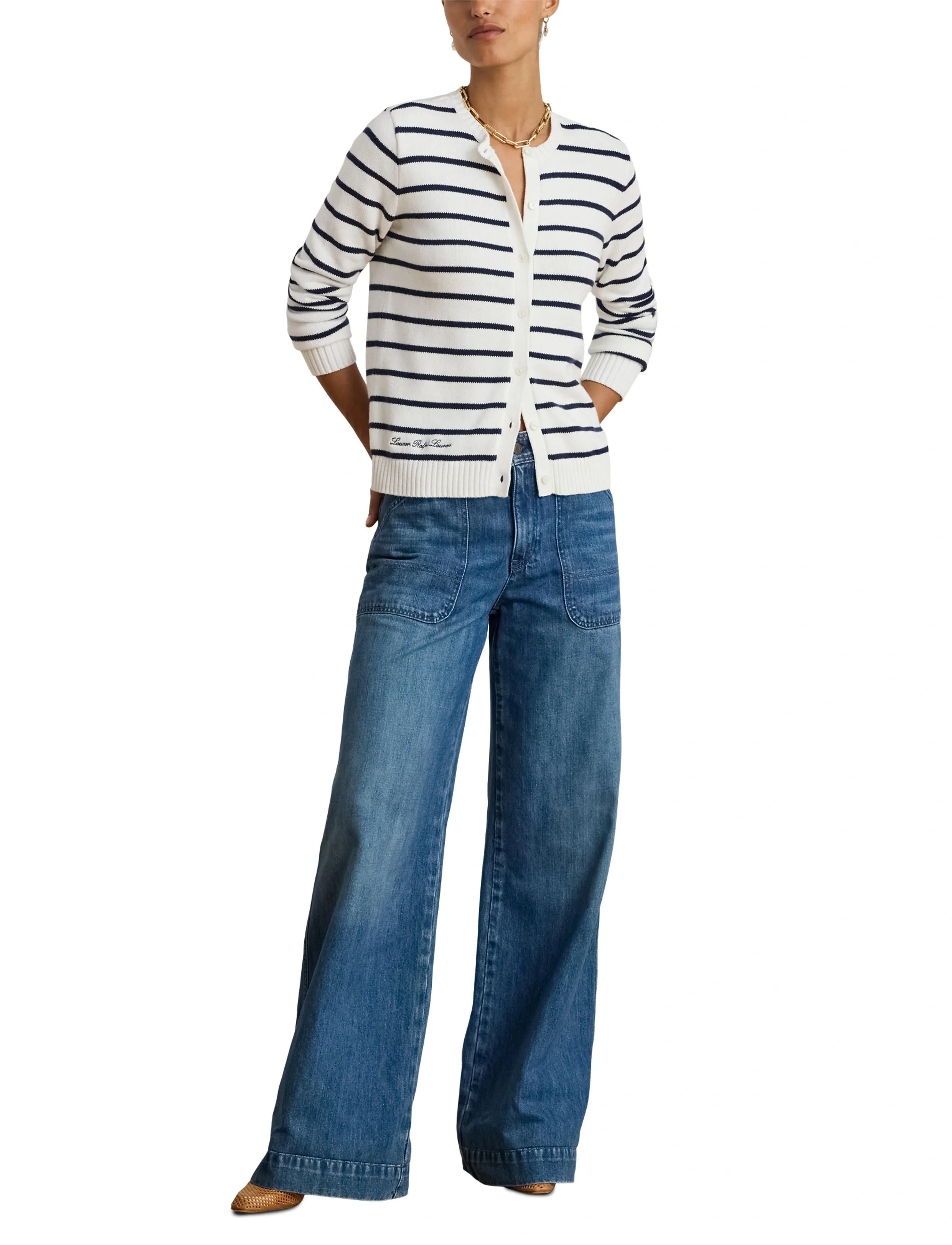 Lauren Ralph Lauren Striped Cotton Cardigan - Geburtstag - WHITE/REFINED NAV / white