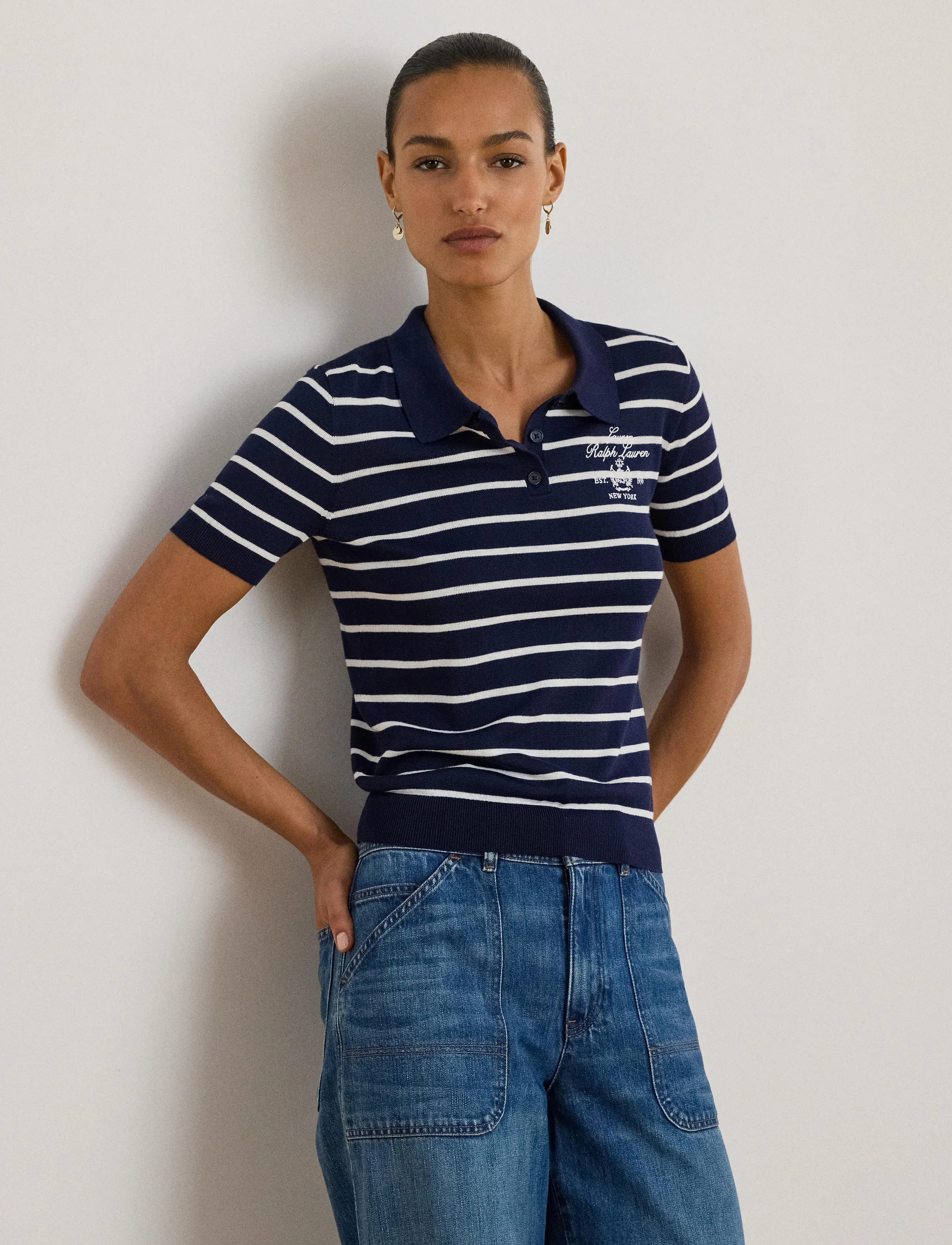 Lauren Ralph Lauren Striped Cotton-Blend Polo Sweater - T-shirts & Hauts - REFINED NAVY/WHIT / navy