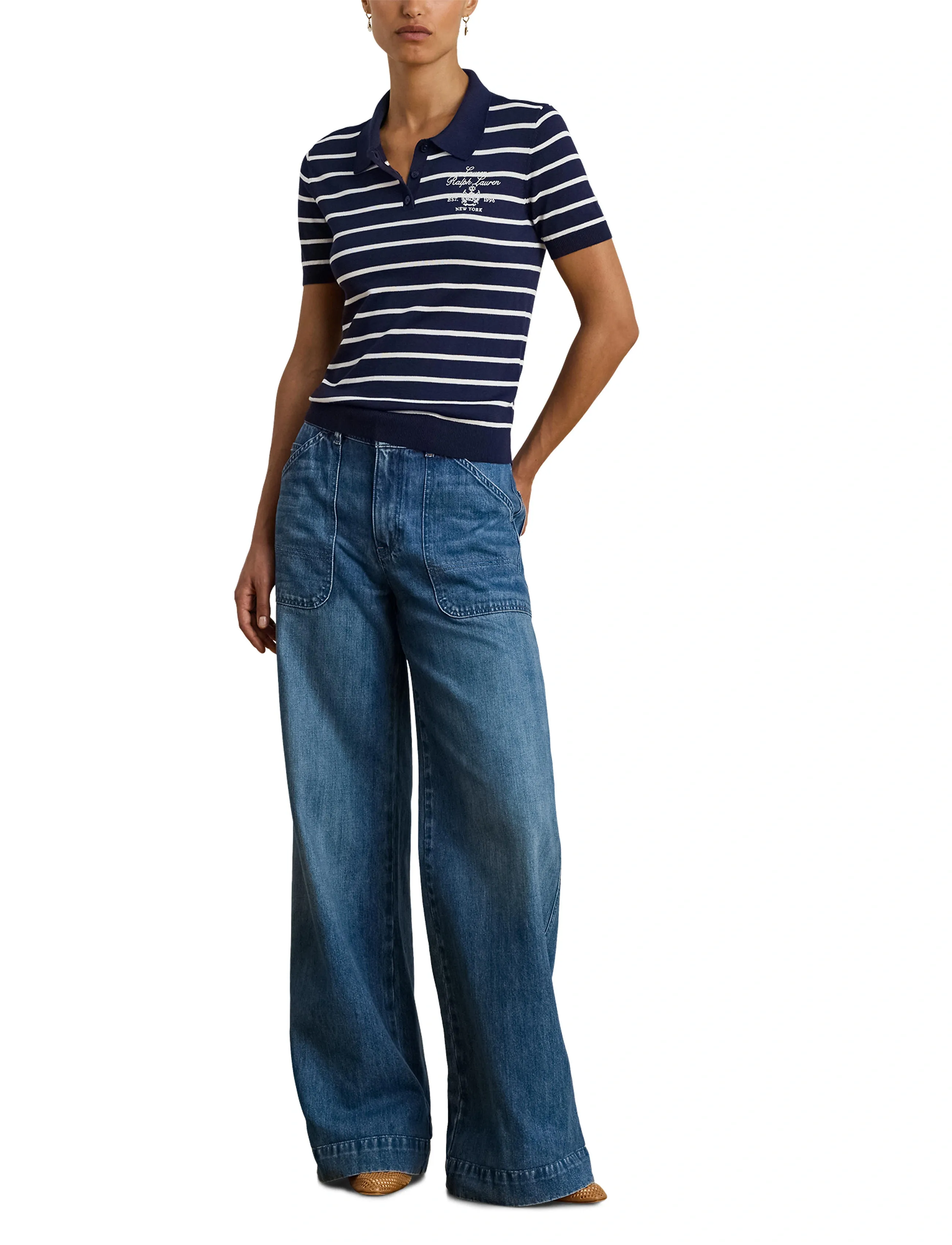 Lauren Ralph Lauren Striped Cotton-Blend Polo Sweater - Lauren Ralph Lauren - REFINED NAVY/WHIT / navy