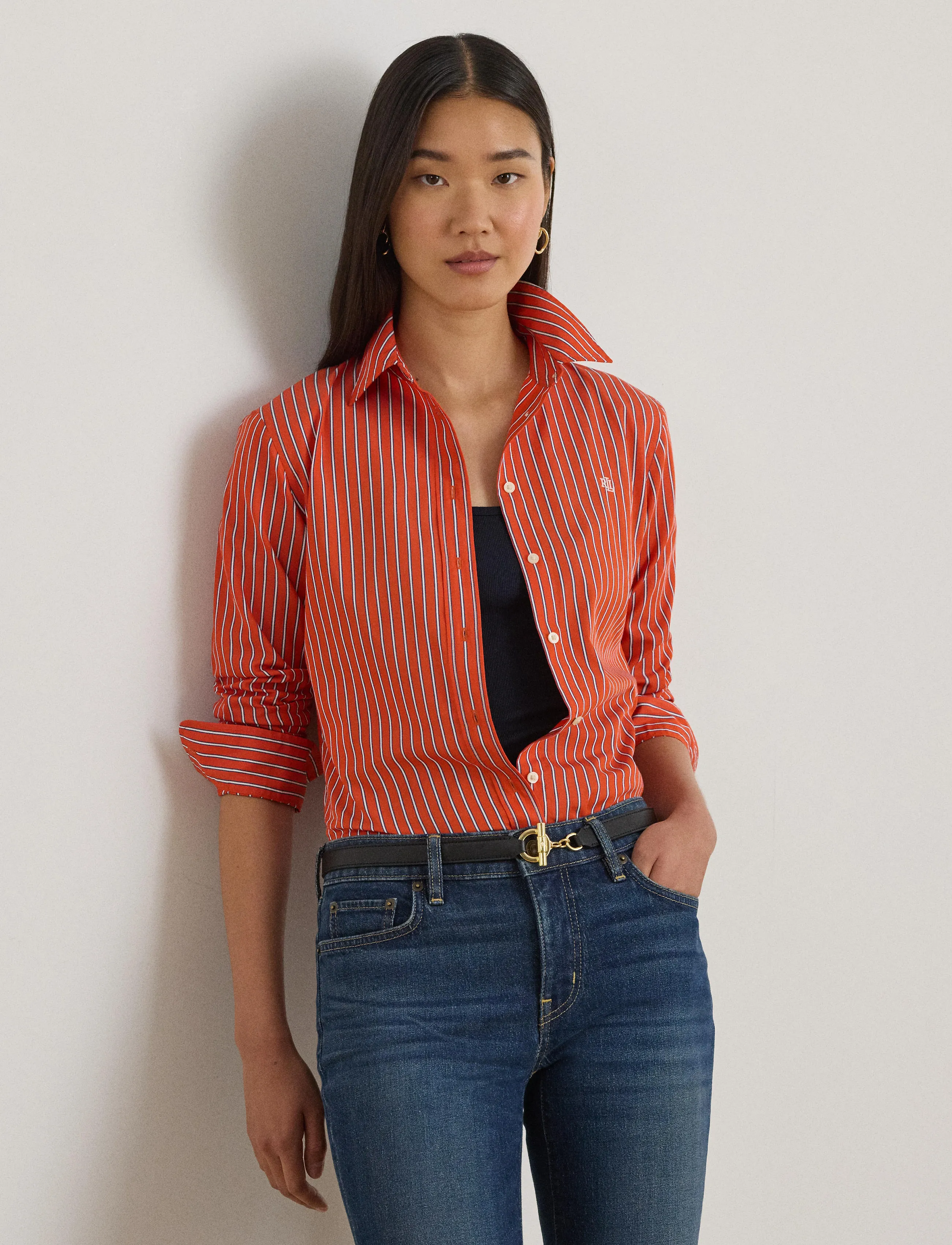 Lauren Ralph Lauren Classic Fit Striped Broadcloth Shirt - Bluser & Skjorter - ORANGE/BLUE/WHITE / coral