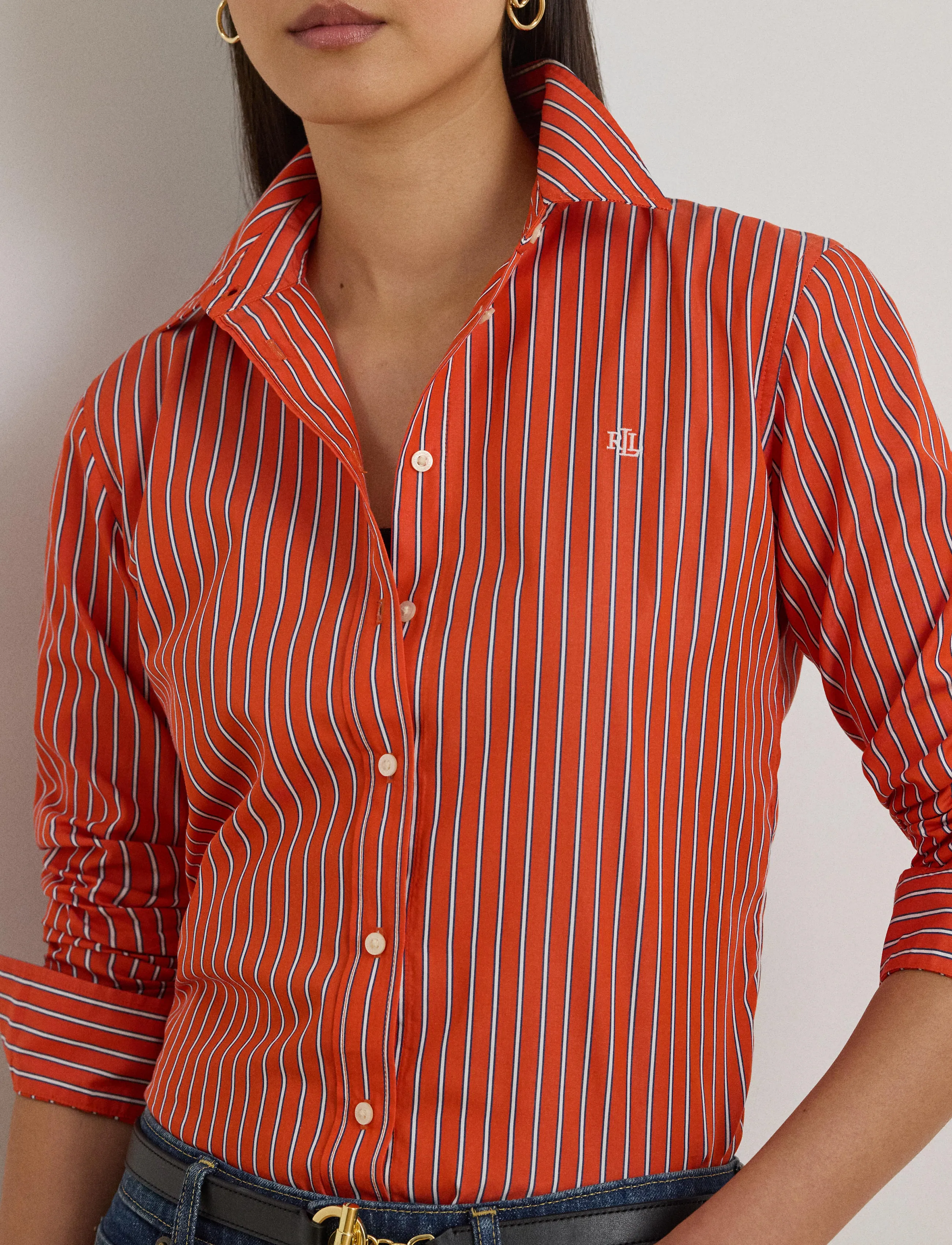 Lauren Ralph Lauren - Classic Fit Striped Broadcloth Shirt - langærmede skjorter - orange/blue/white - 4