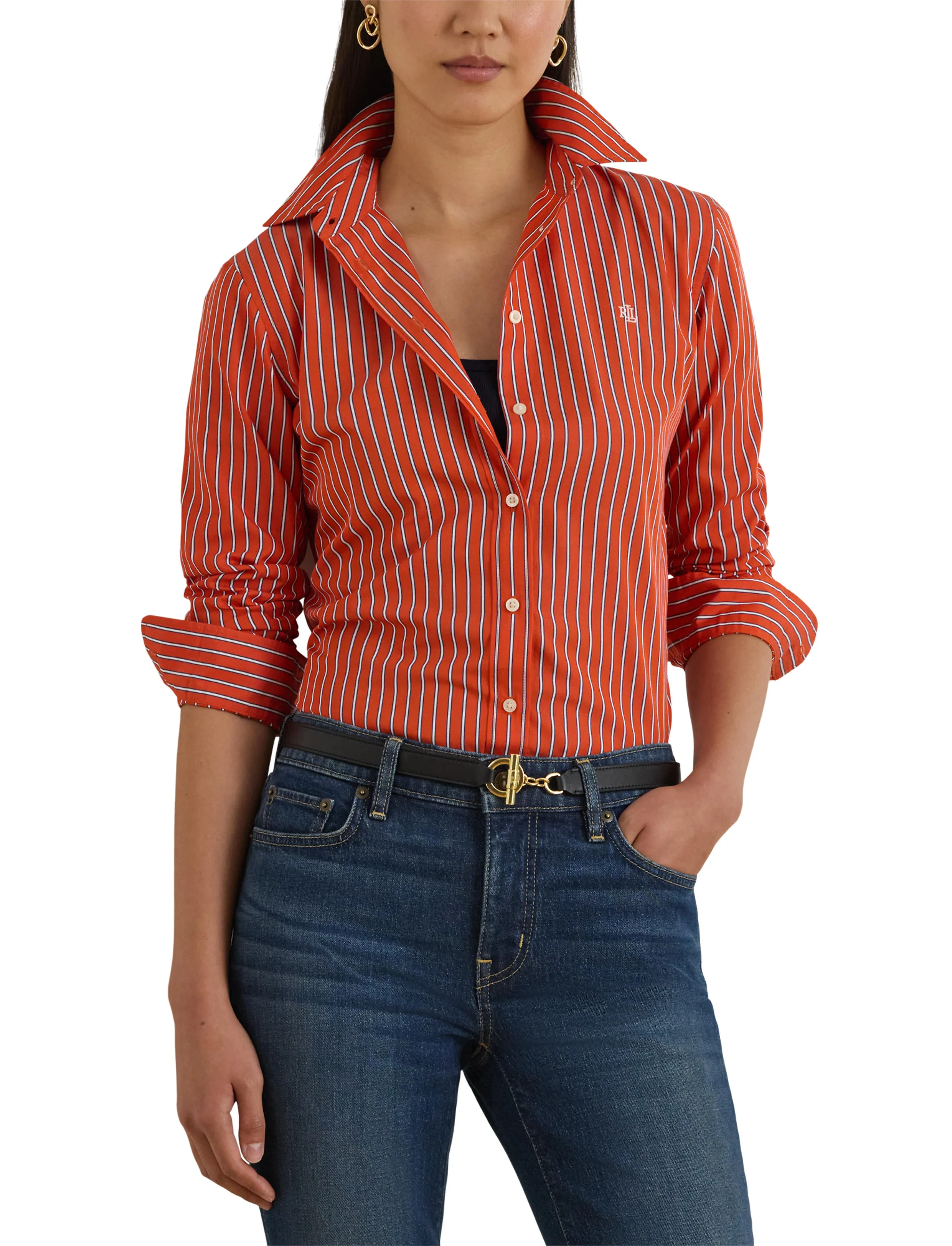 Lauren Ralph Lauren - Classic Fit Striped Broadcloth Shirt - langærmede skjorter - orange/blue/white - 5