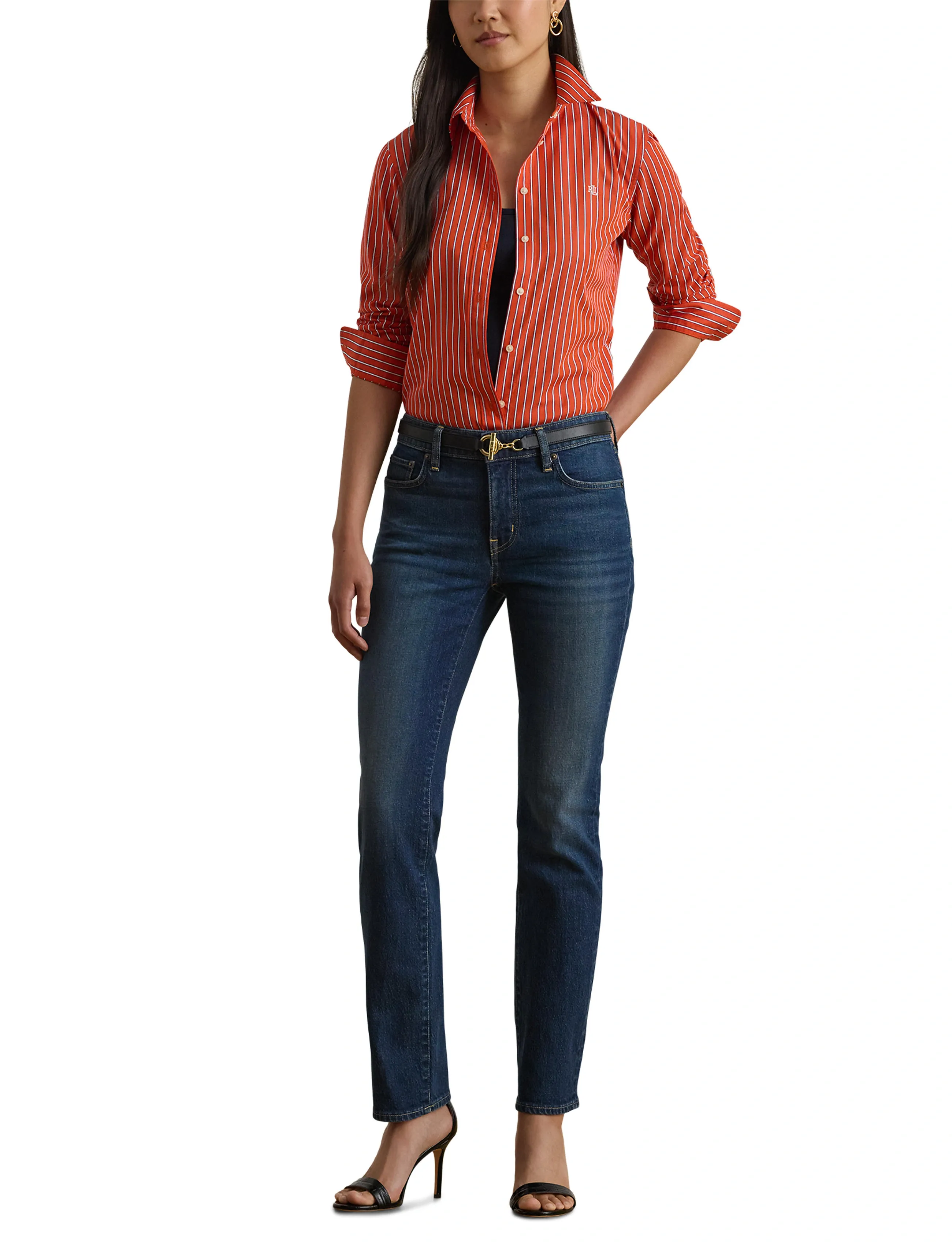 Lauren Ralph Lauren Classic Fit Striped Broadcloth Shirt - Lauren Ralph Lauren - ORANGE/BLUE/WHITE / orange