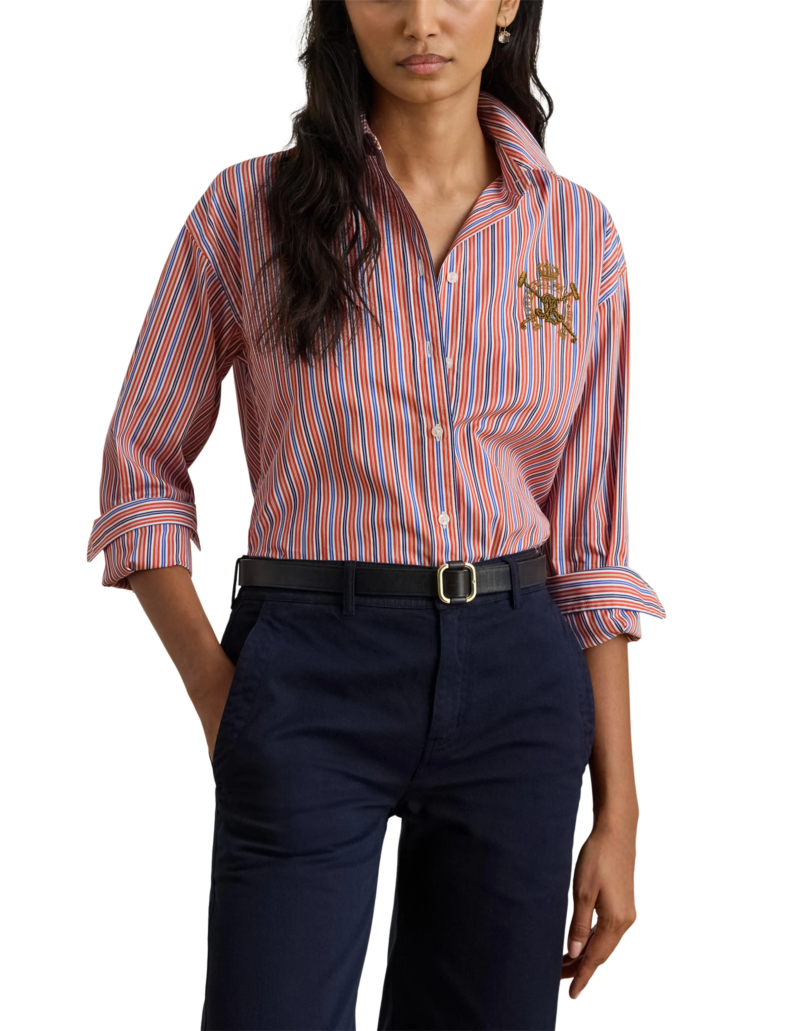 Lauren Ralph Lauren - Relaxed Fit Striped Broadcloth Shirt - long-sleeved shirts - orange/blue/white - 5