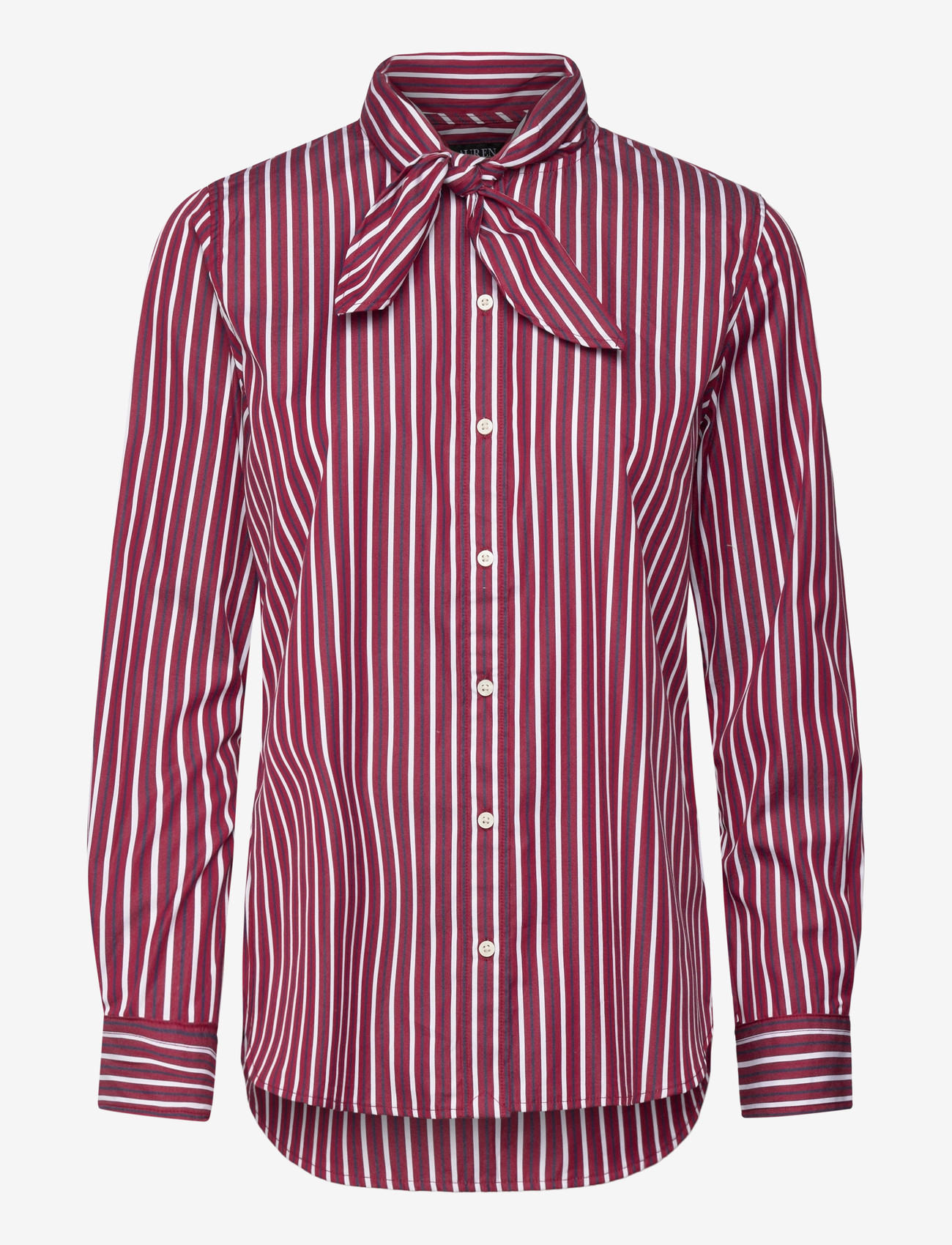 Lauren Ralph Lauren - Striped Cotton Broadcloth Tie-Neck Shirt - långärmade skjortor - burgandy/white mu - 0