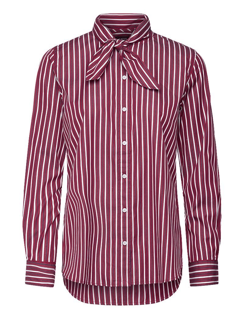 Lauren Ralph Lauren - Striped Cotton Broadcloth Tie-Neck Shirt - långärmade skjortor - burgandy/white mu - 0