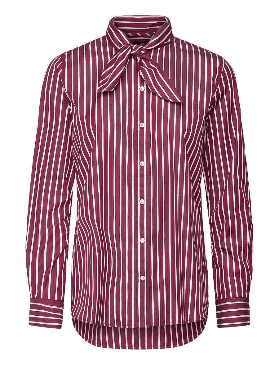 Lauren Ralph Lauren - Striped Cotton Broadcloth Tie-Neck Shirt - overhemden met lange mouwen - burgandy/white mu - 1
