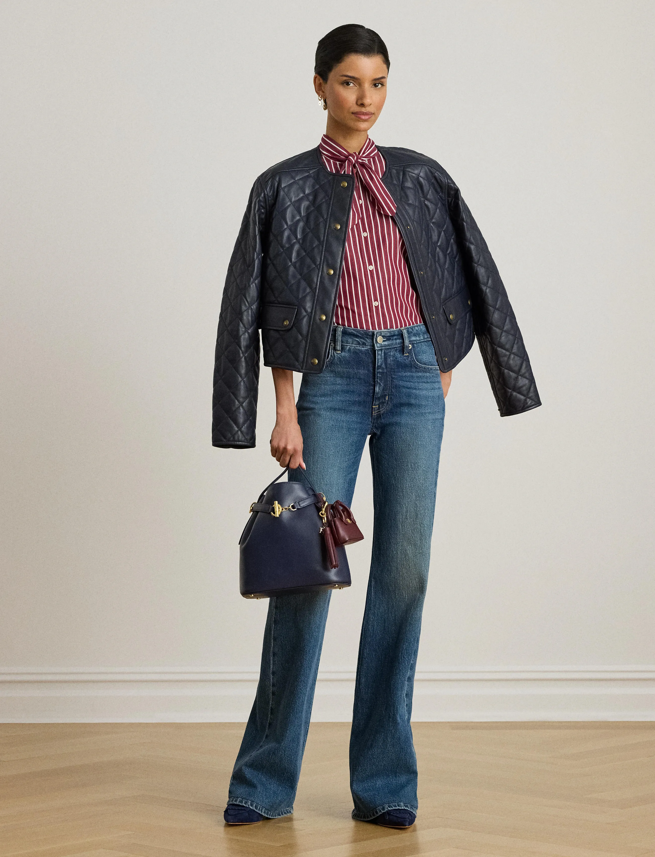 Lauren Ralph Lauren Striped Cotton Broadcloth Tie-Neck Shirt - Lauren Ralph Lauren - BURGANDY/WHITE MU / white