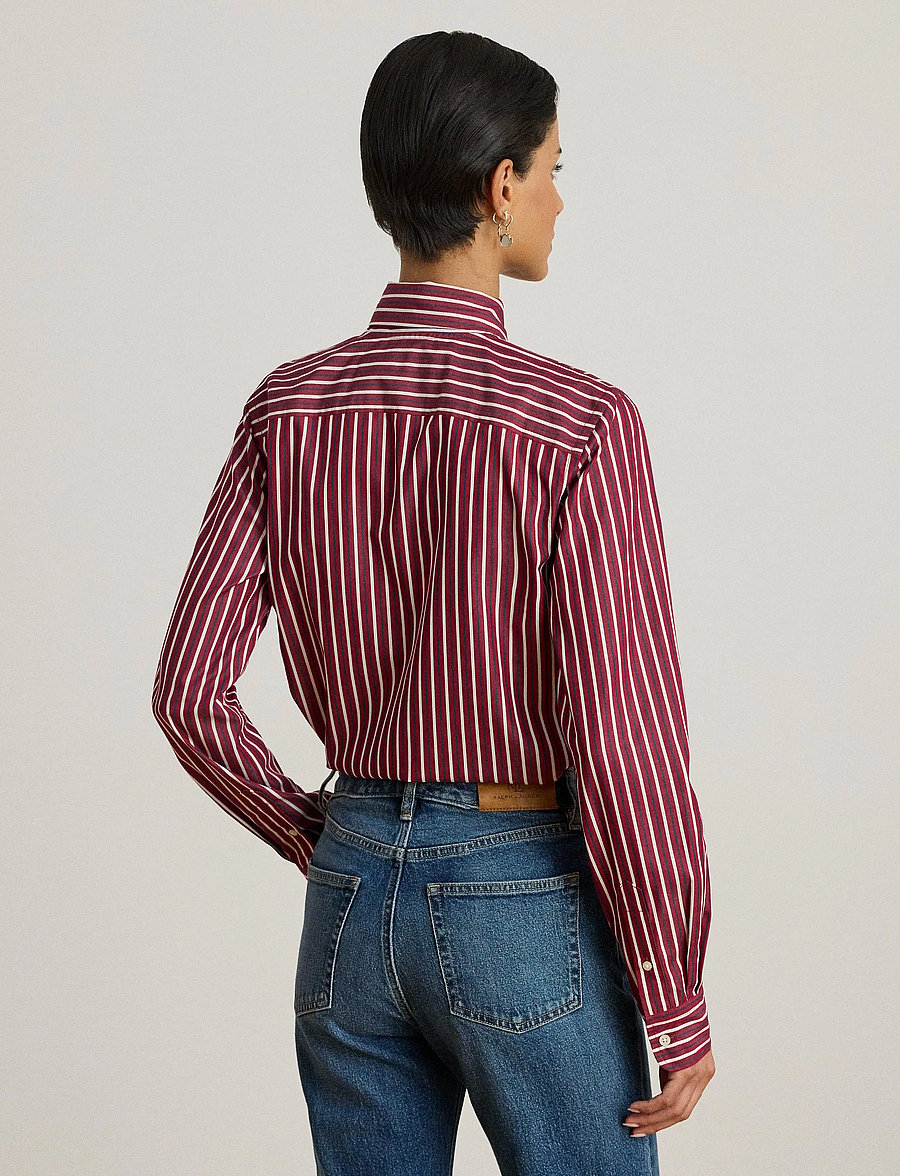 Lauren Ralph Lauren - Striped Cotton Broadcloth Tie-Neck Shirt - overhemden met lange mouwen - burgandy/white mu - 3