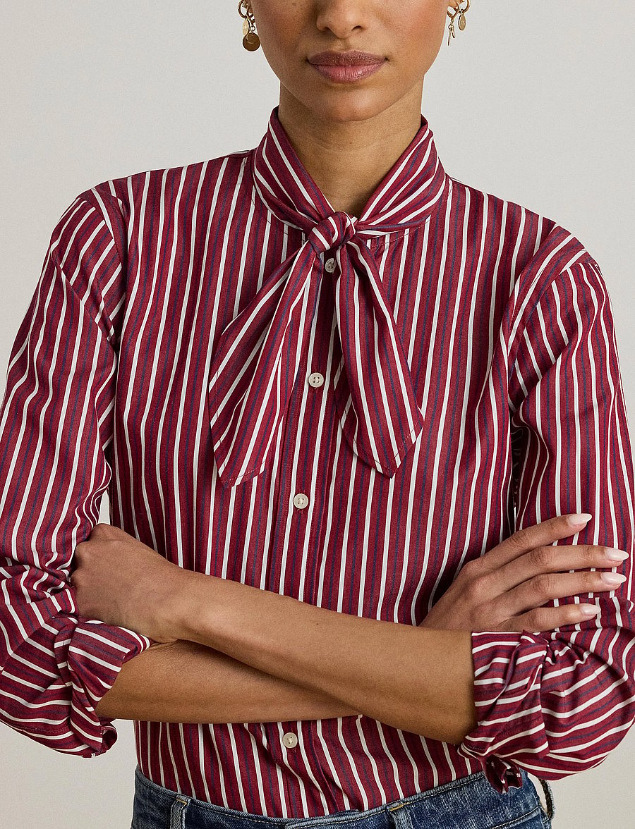 Lauren Ralph Lauren - Striped Cotton Broadcloth Tie-Neck Shirt - overhemden met lange mouwen - burgandy/white mu - 4
