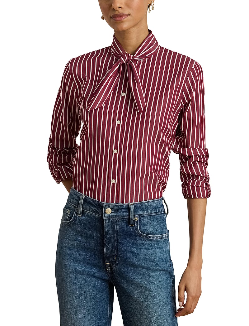 Lauren Ralph Lauren - Striped Cotton Broadcloth Tie-Neck Shirt - langärmlige hemden - burgandy/white mu - 5