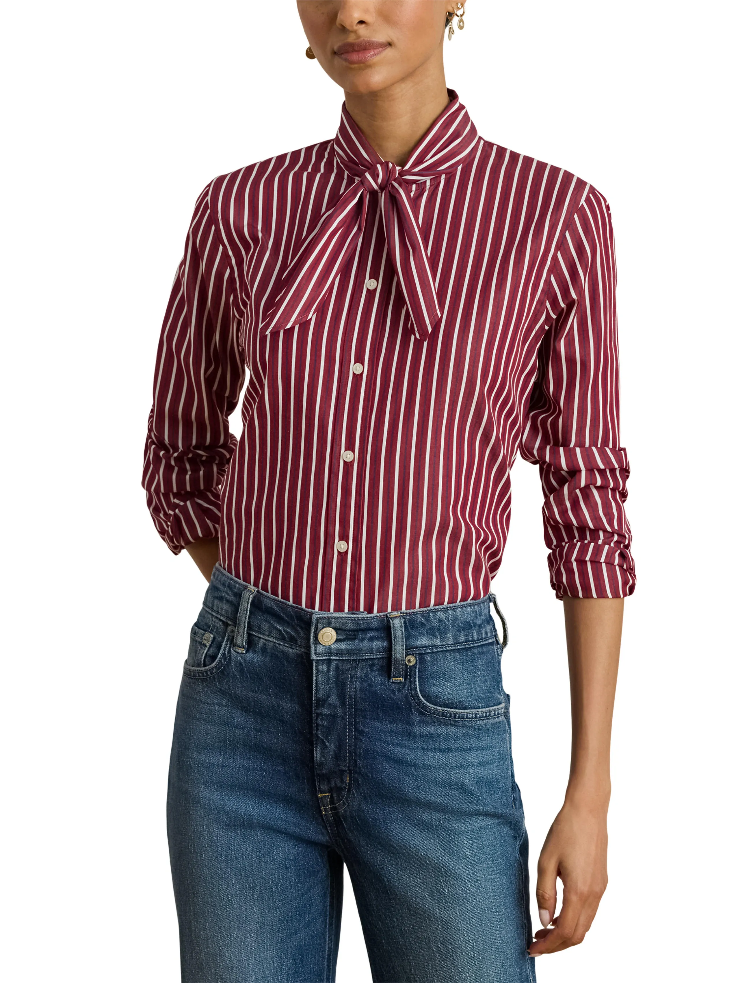 Lauren Ralph Lauren - Striped Cotton Broadcloth Tie-Neck Shirt - overhemden met lange mouwen - burgandy/white mu - 5