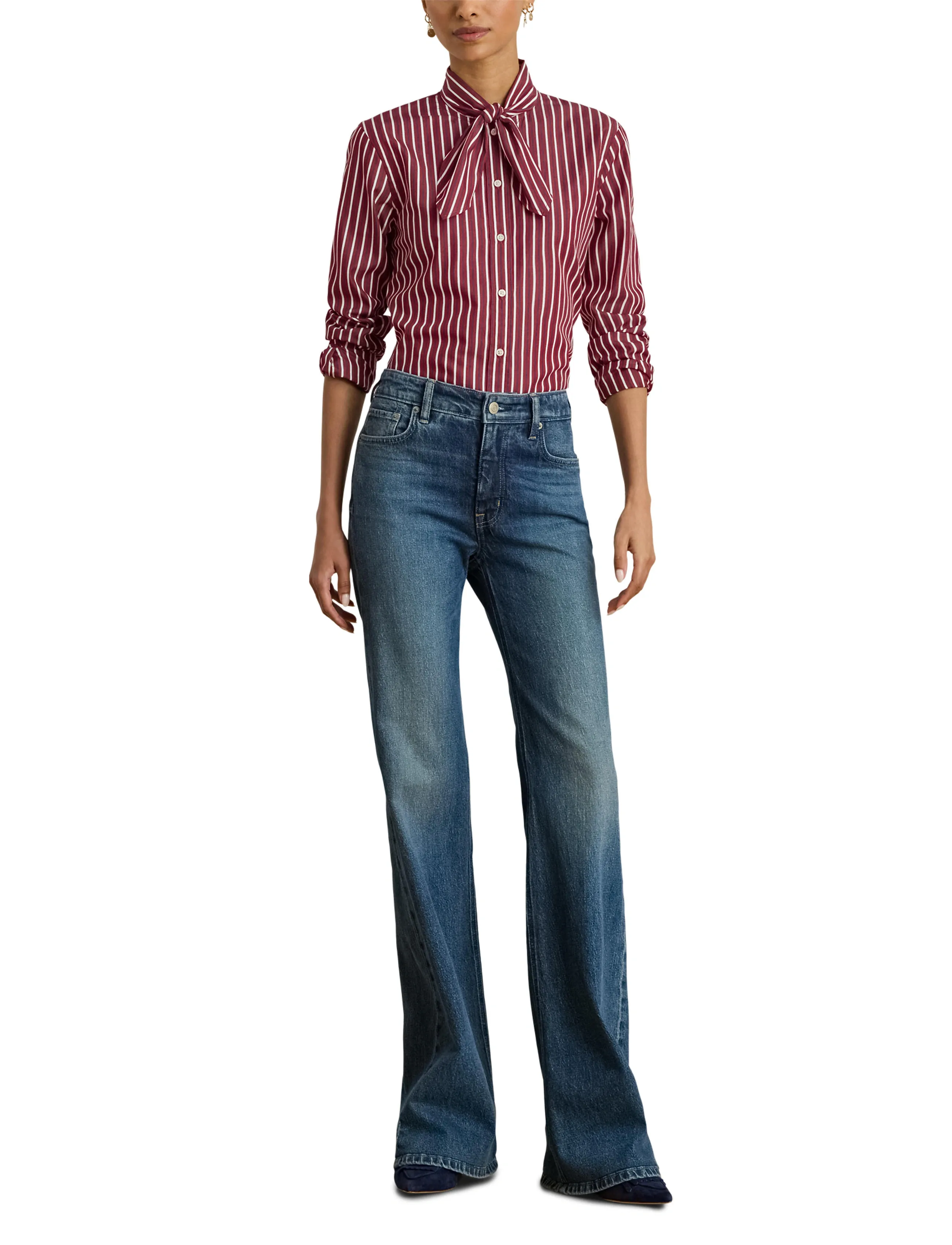 Lauren Ralph Lauren Striped Cotton Broadcloth Tie-Neck Shirt - Lauren Ralph Lauren - BURGANDY/WHITE MU / white