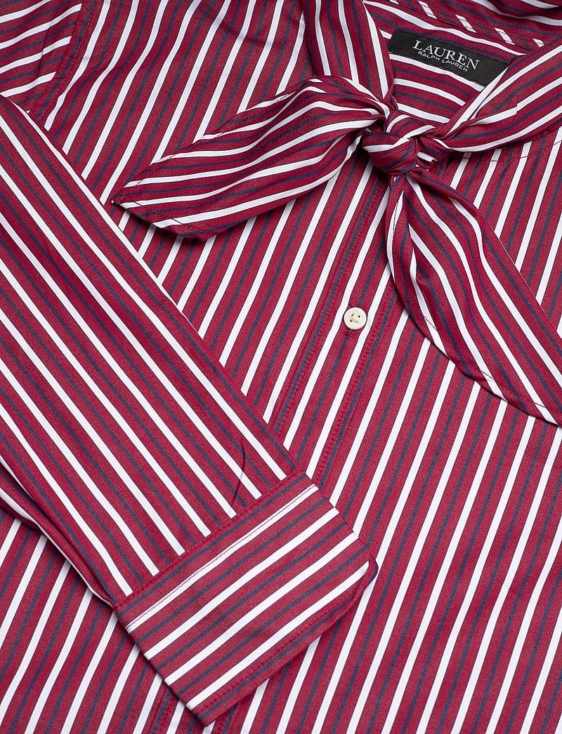 Lauren Ralph Lauren - Striped Cotton Broadcloth Tie-Neck Shirt - långärmade skjortor - burgandy/white mu - 2