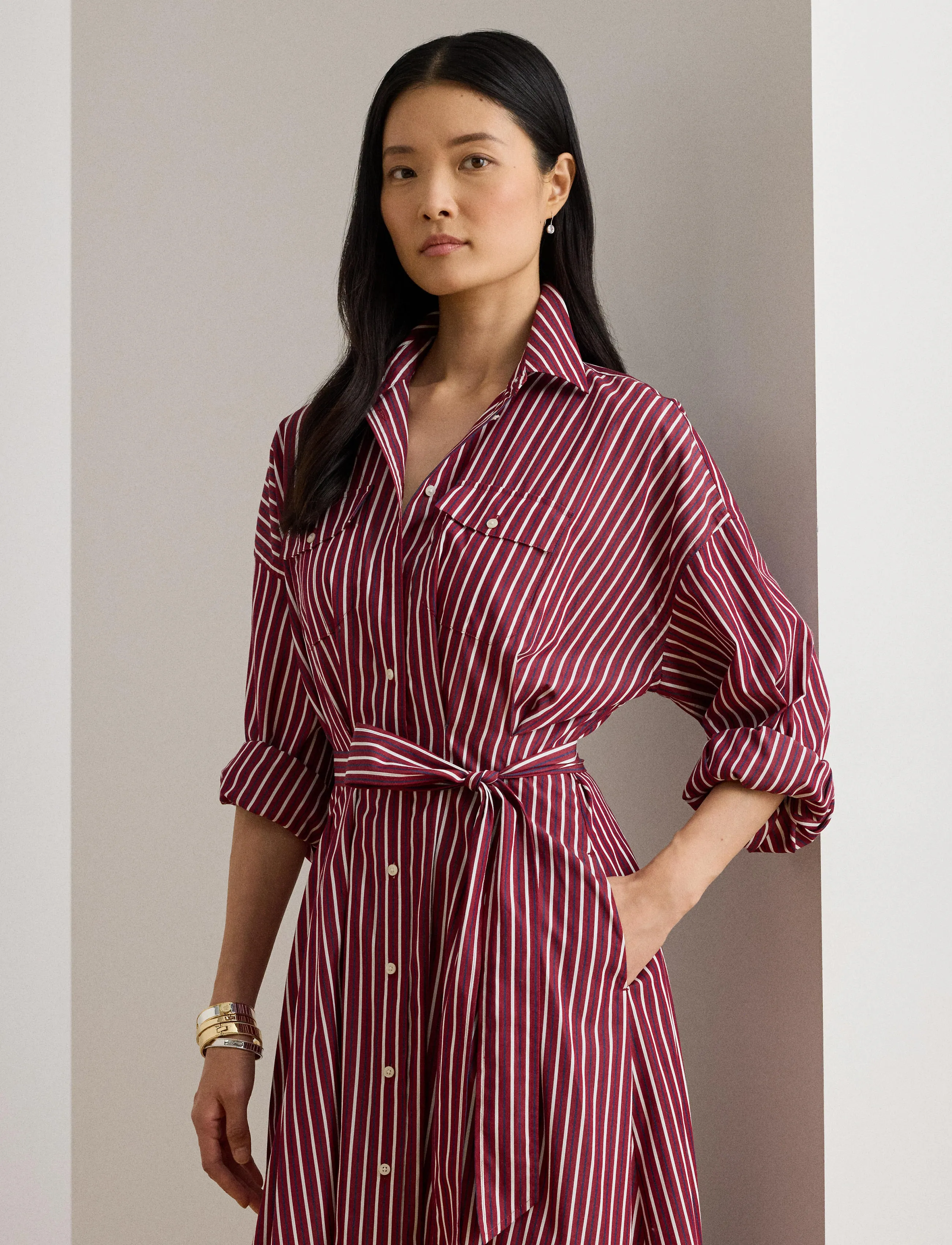Lauren Ralph Lauren Striped Belted Broadcloth Shirtdress - Lauren Ralph Lauren - BURGANDY/WHITE MU / white