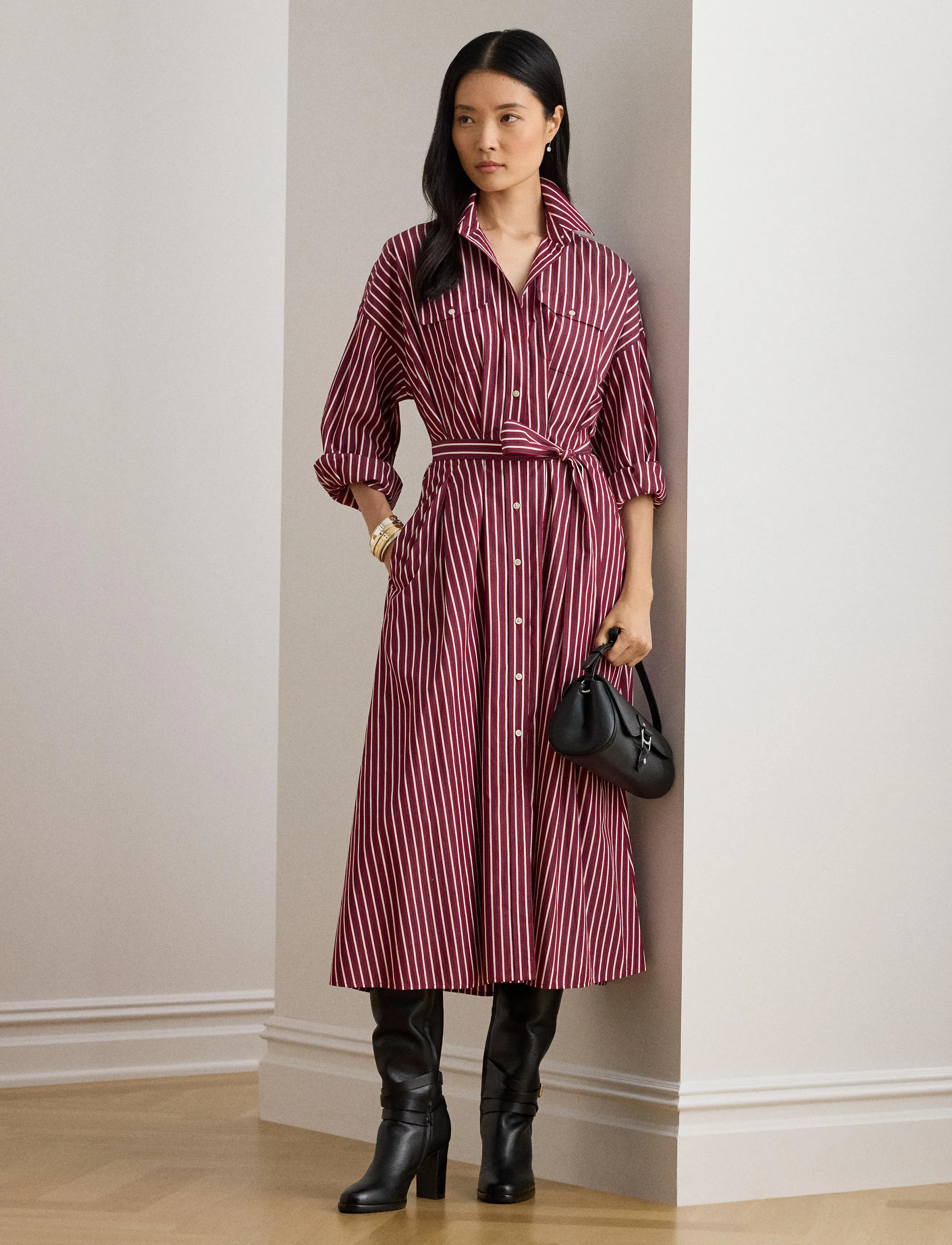 Lauren Ralph Lauren - Striped Belted Broadcloth Shirtdress - robes chemises - burgandy/white mu - 3