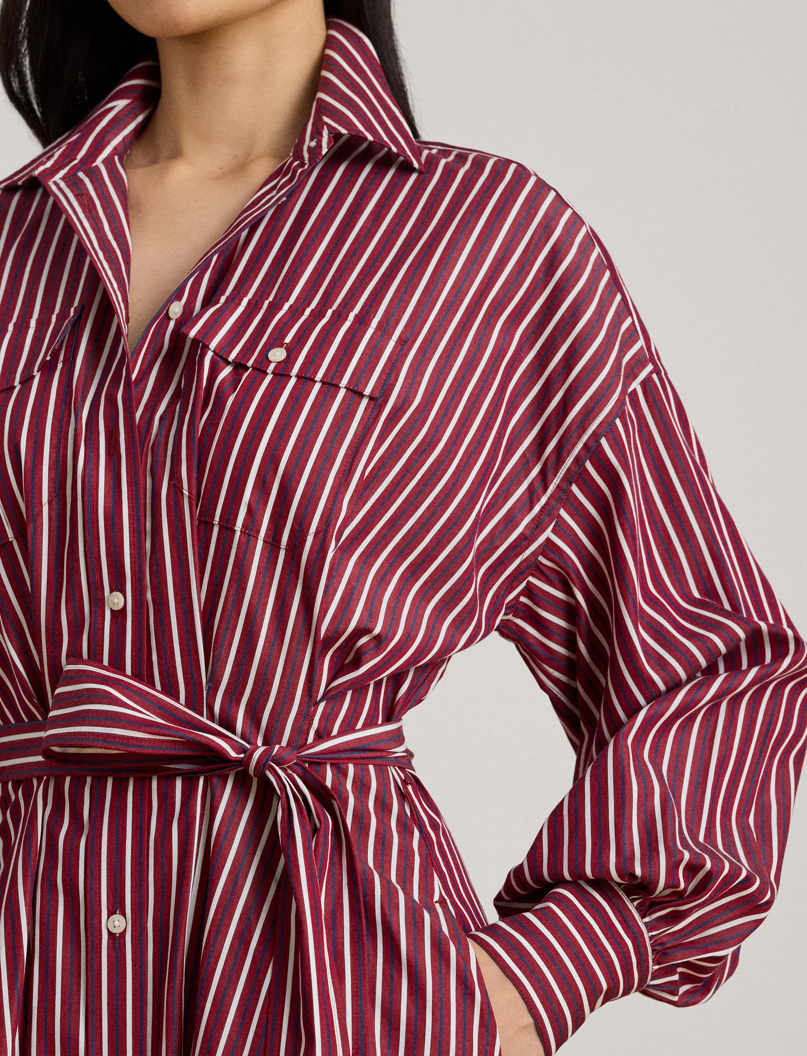 Lauren Ralph Lauren - Striped Belted Broadcloth Shirtdress - robes chemises - burgandy/white mu - 4