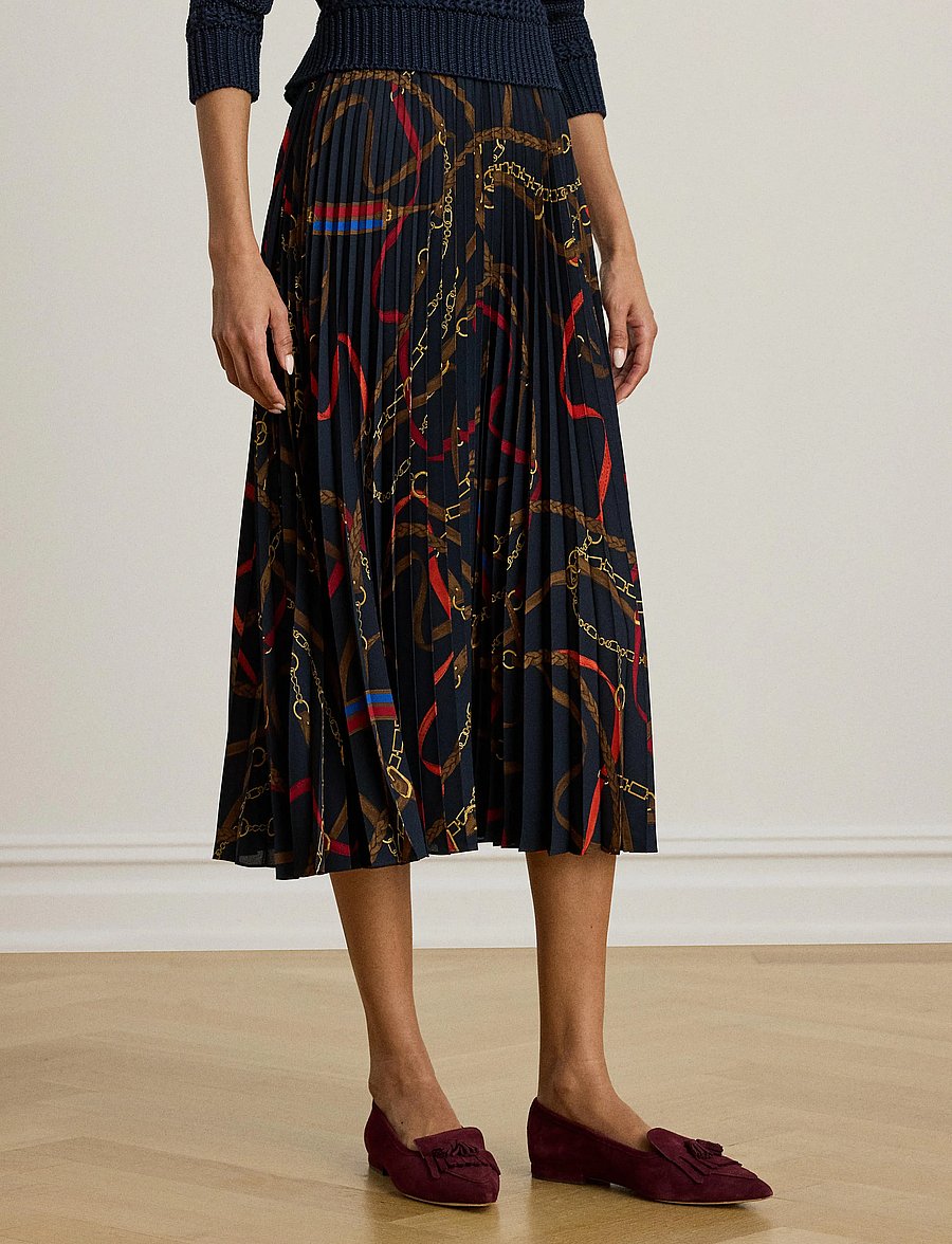 Lauren Ralph Lauren - Belting-Print Pleated Georgette Skirt - pleated skirts - navy multi - 0