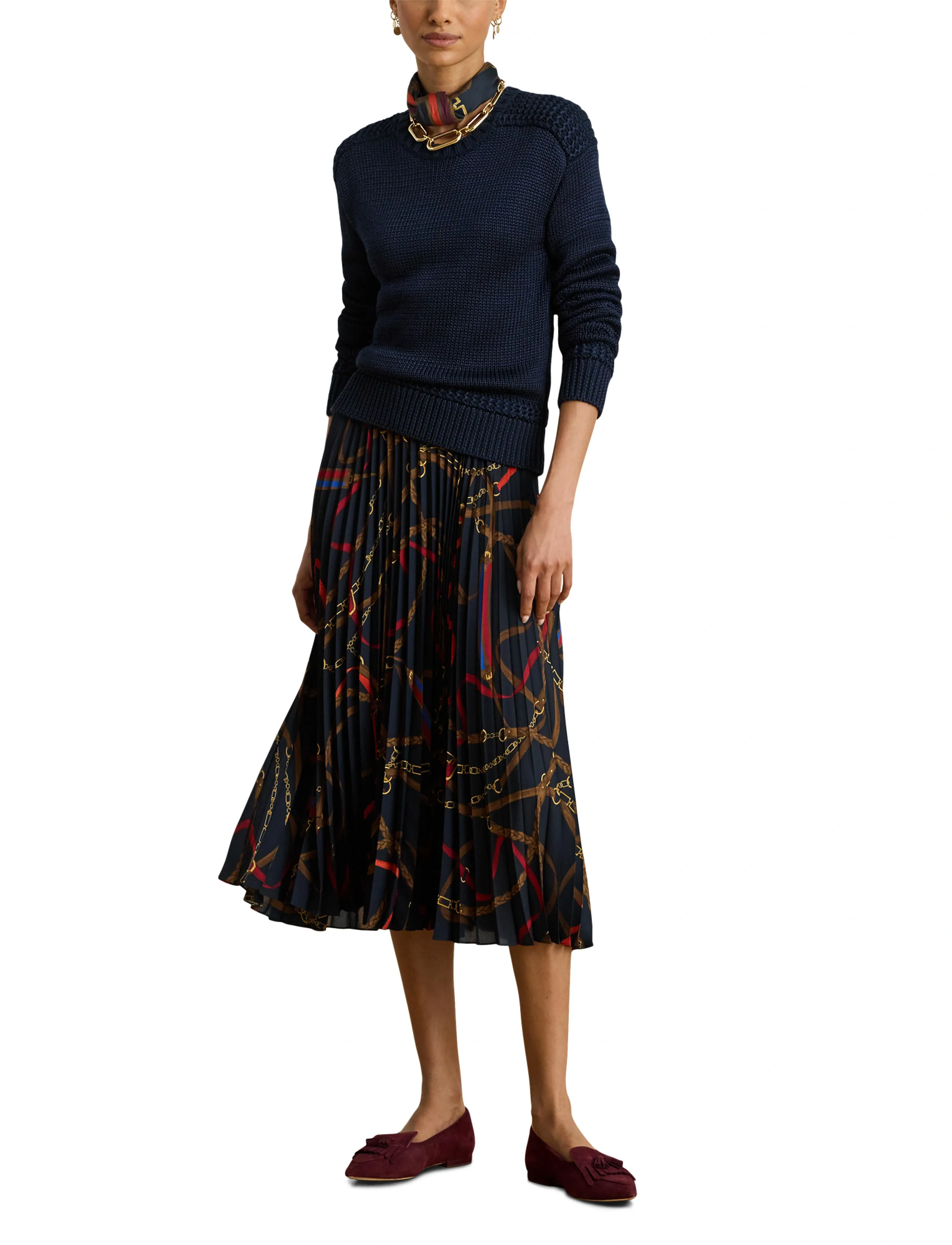 Lauren Ralph Lauren Belting-Print Pleated Georgette Skirt - Lauren Ralph Lauren - NAVY MULTI / navy