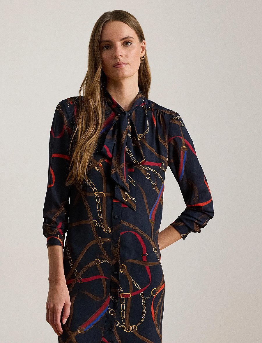Lauren Ralph Lauren - Print Georgette Tie-Neck Shirtdress - shirt dresses - navy multi - 0