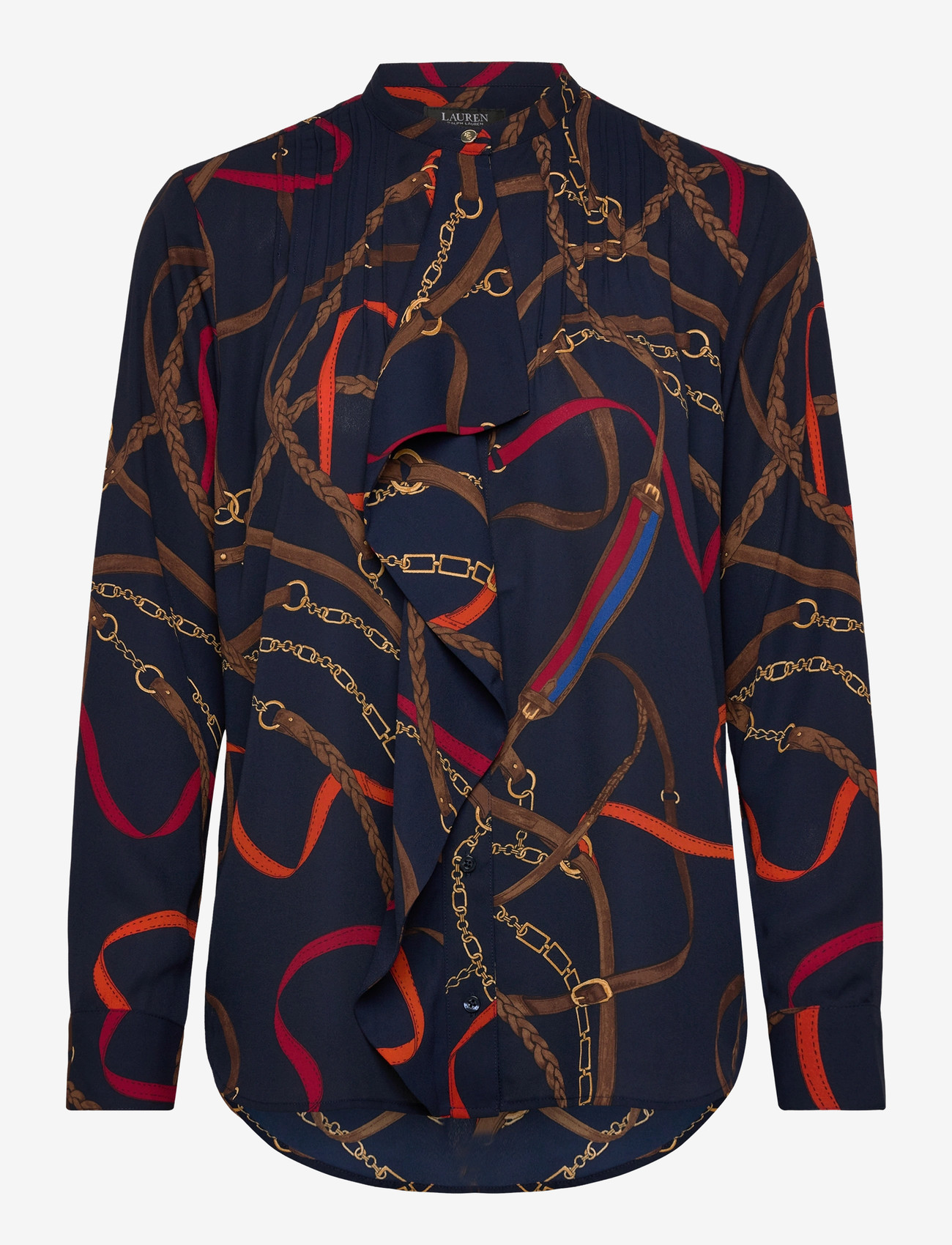 Lauren Ralph Lauren - Print Ruffle-Trim Georgette Shirt - långärmade skjortor - navy multi - 0